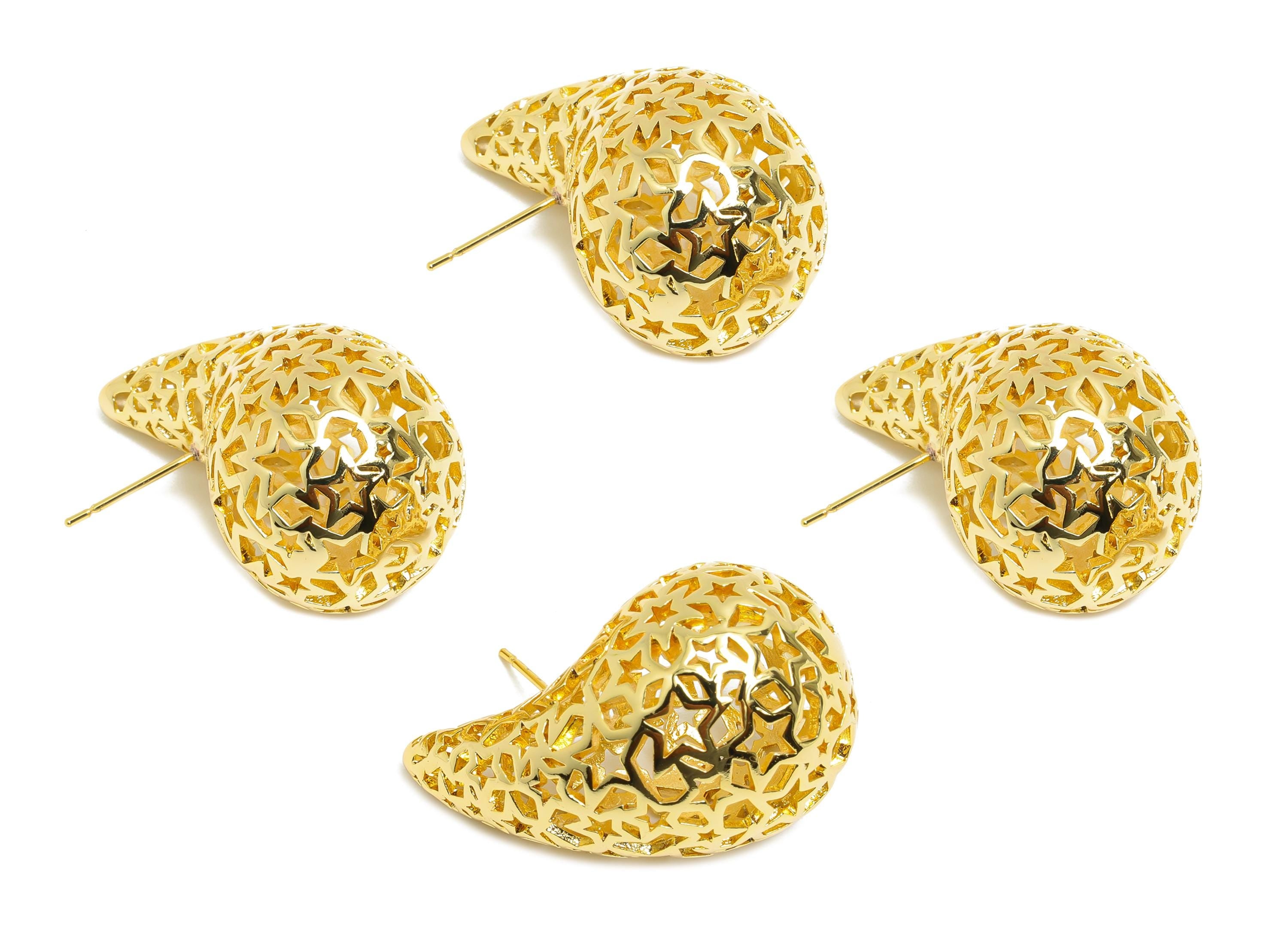 Star Earring Post - Brass Hollow Star Motif Earring - Artistic Earring Post - Trendy Intricate Earring - Bold Jewelry - 32x20x19mm - RGP9393 - DOMEDBAZAAR