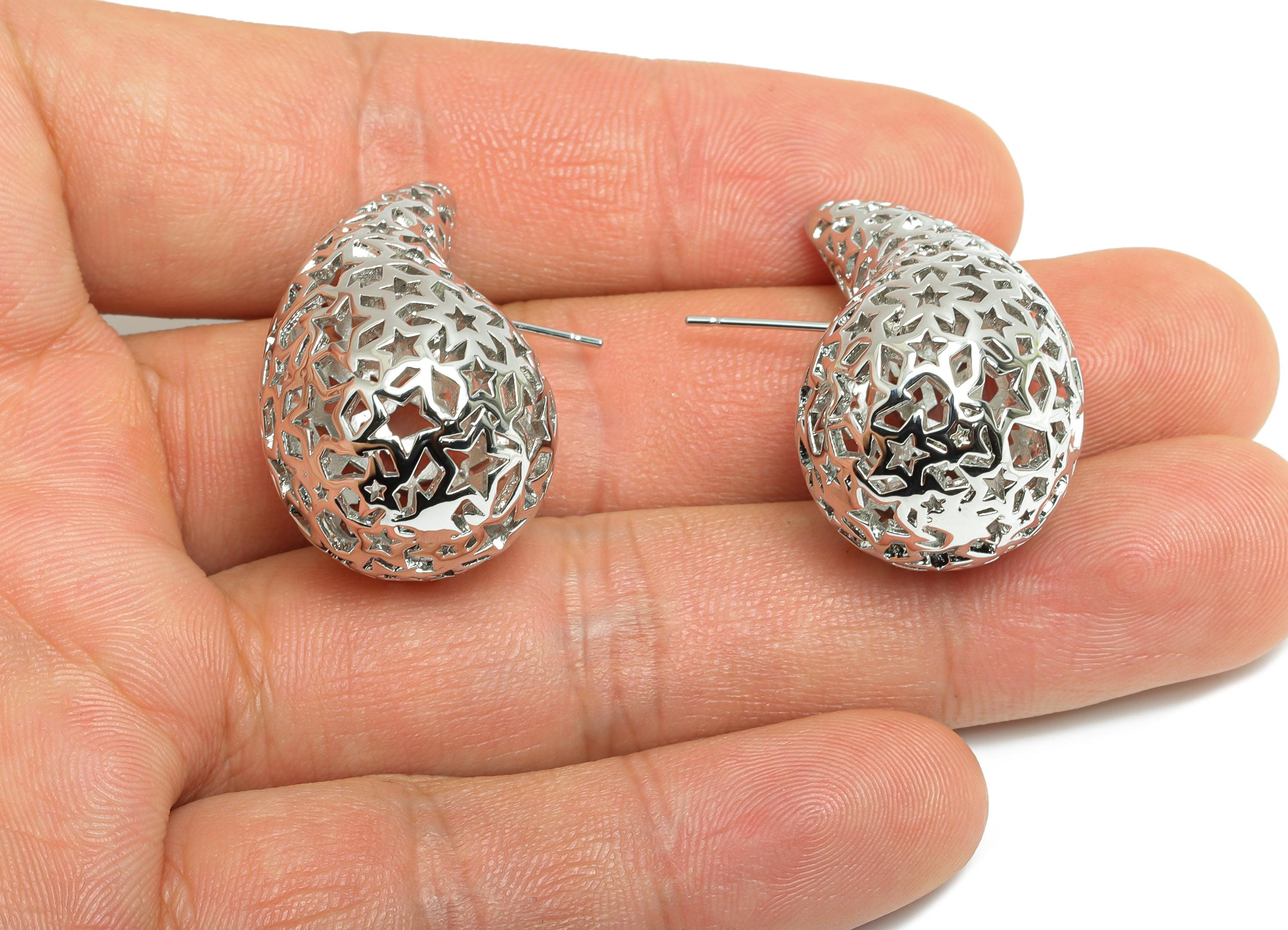 Brass Star Earring - Brass Hollow Star Motif Earring - Artistic Earring Post - Trendy Silver Earring - Bold Jewelry - 32x20x19mm - RGP9393S - DOMEDBAZAAR