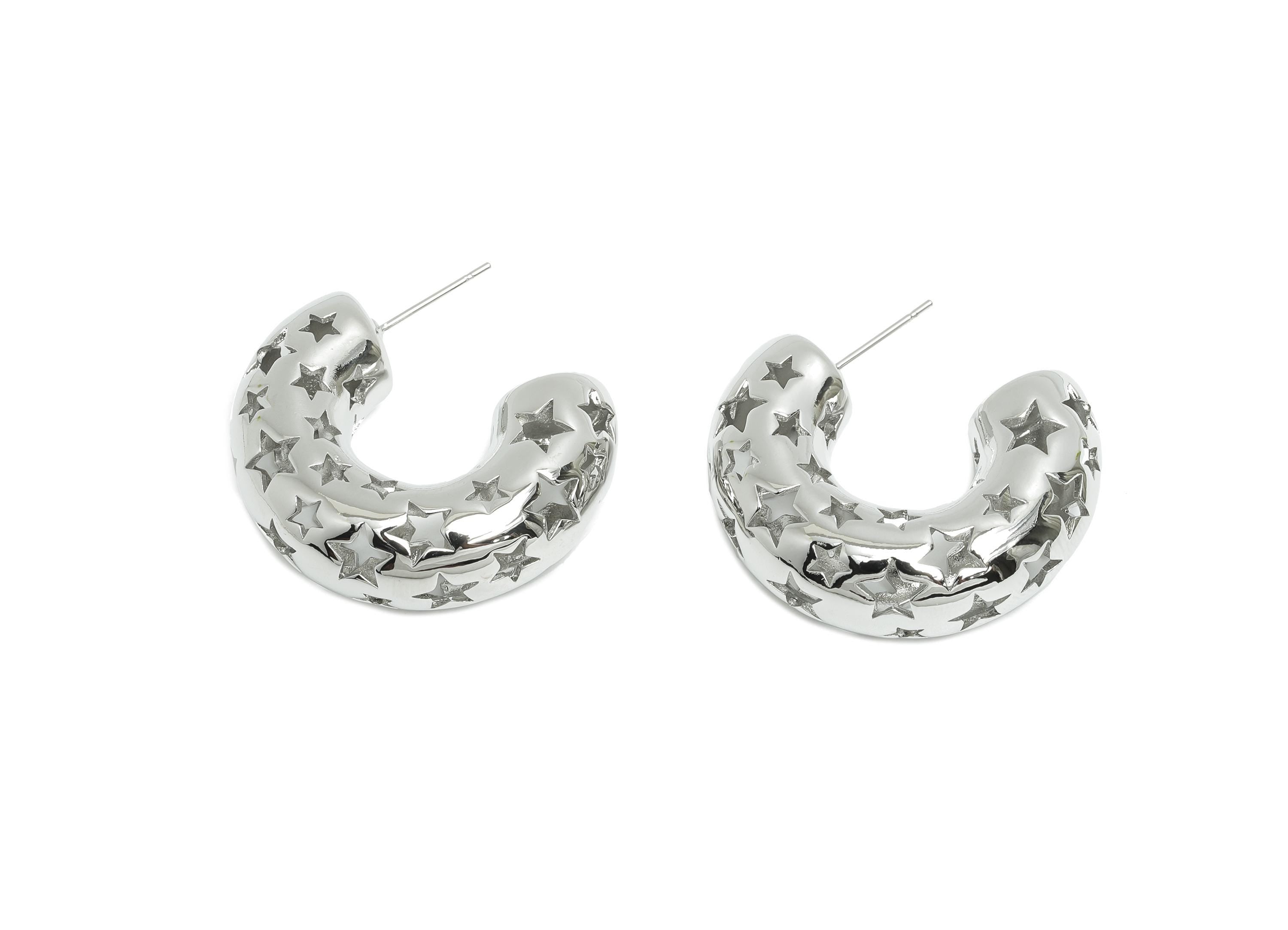 Silver Hoop Earring Post - Brass Hollow Star Earring - Artistic Earring Post - Trendy Hoop Earring - Bold Jewelry - 31x25x10mm - RGP9385S - DOMEDBAZAAR