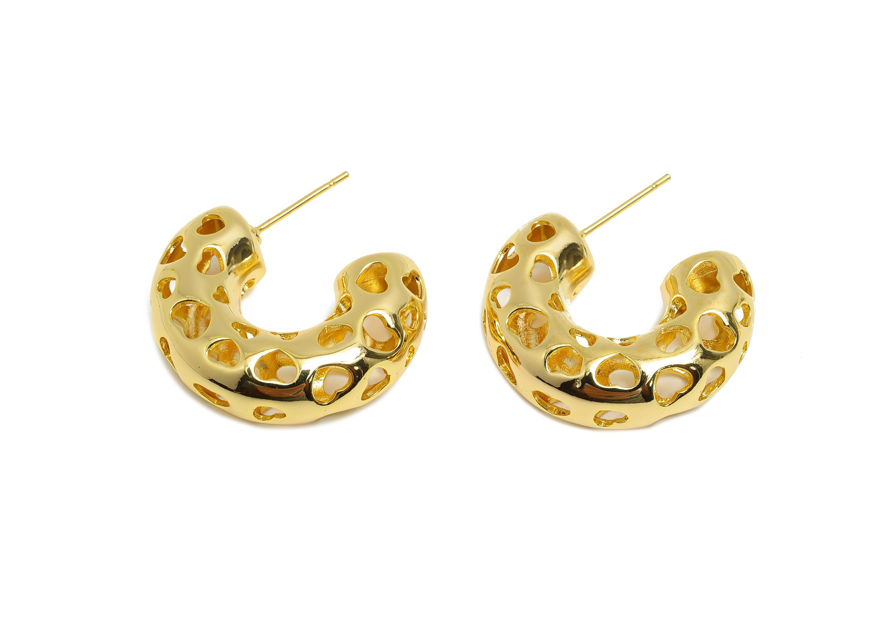 Heart Hoop Earring Post - Brass Hollow Heart Earring - Artistic Earring Post - Gold Trendy Hoop Earring - Bold Jewelry - 26x21x9mm -RGP9390 - DOMEDBAZAAR