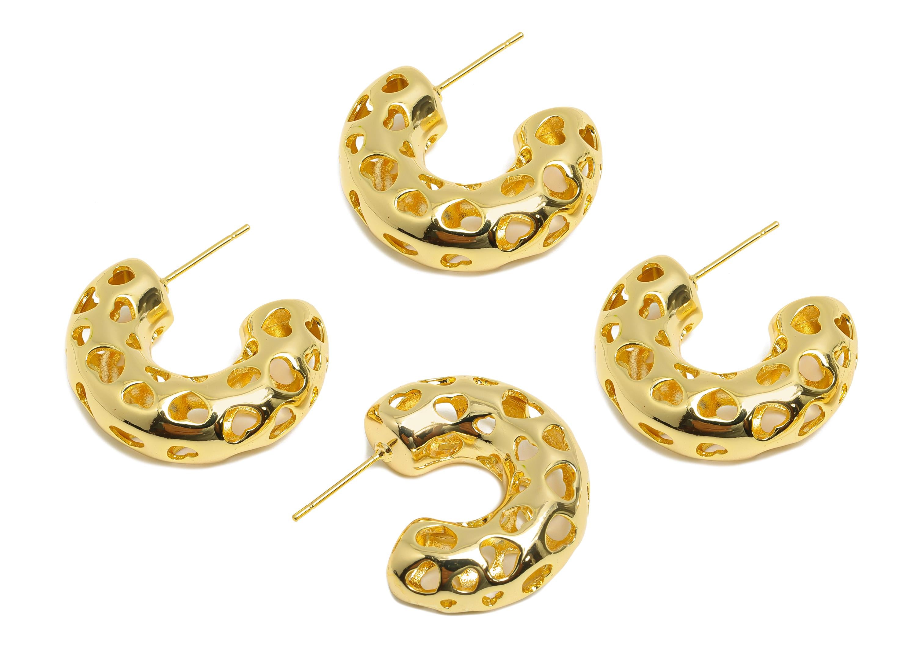 Heart Hoop Earring Post - Brass Hollow Heart Earring - Artistic Earring Post - Gold Trendy Hoop Earring - Bold Jewelry - 26x21x9mm -RGP9390 - DOMEDBAZAAR