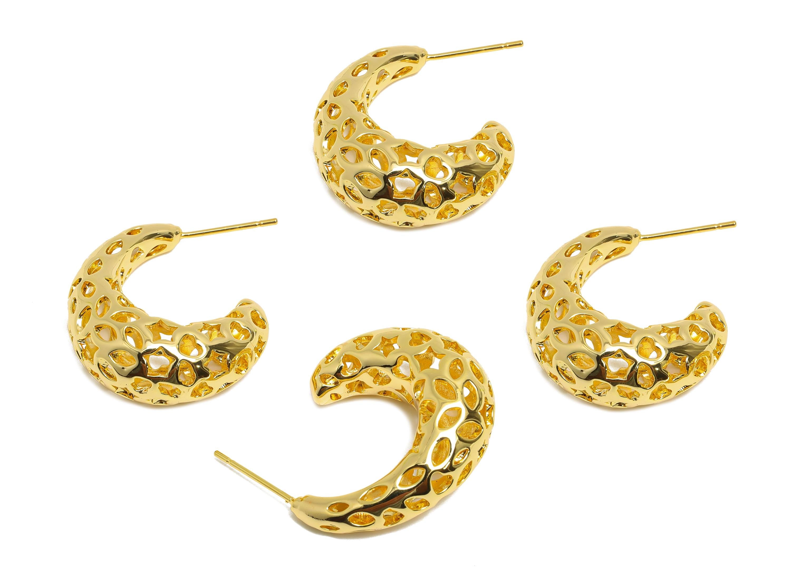 Brass Hoop Earring - Brass Hollow Drop Earring - Artistic Earring Post - Pattern Cutout Gold Jewelry - Bold Jewelry - 26x23x10mm - RGP9396 - DOMEDBAZAAR