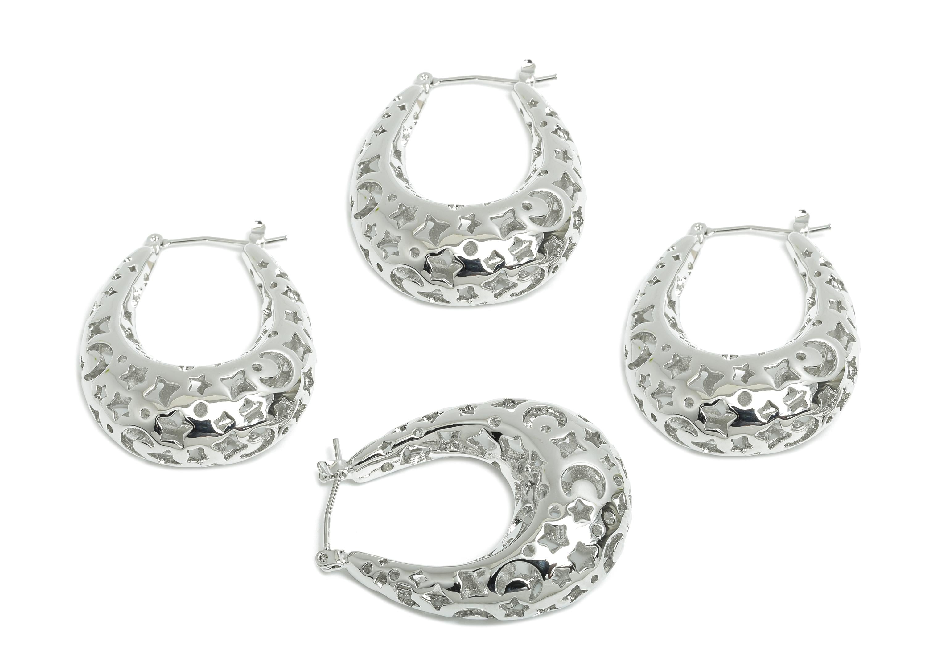 Brass Hoop Earring - Brass Hollow Space Earring - Artistic Earring Post - Star Moon Pattern Hinged Back - Bold Jewelry - 36x28x11mm-RGP9391S - DOMEDBAZAAR