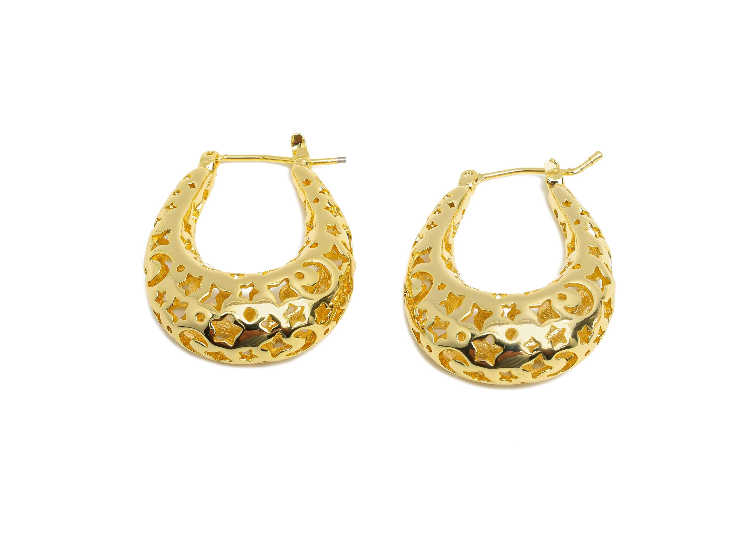 Brass Hoop Earring - Brass Hollow Space Earring - Artistic Earring Post - Star Moon Pattern Hinged Back - Bold Jewelry - 31x24x9mm - RGP9392 - DOMEDBAZAAR