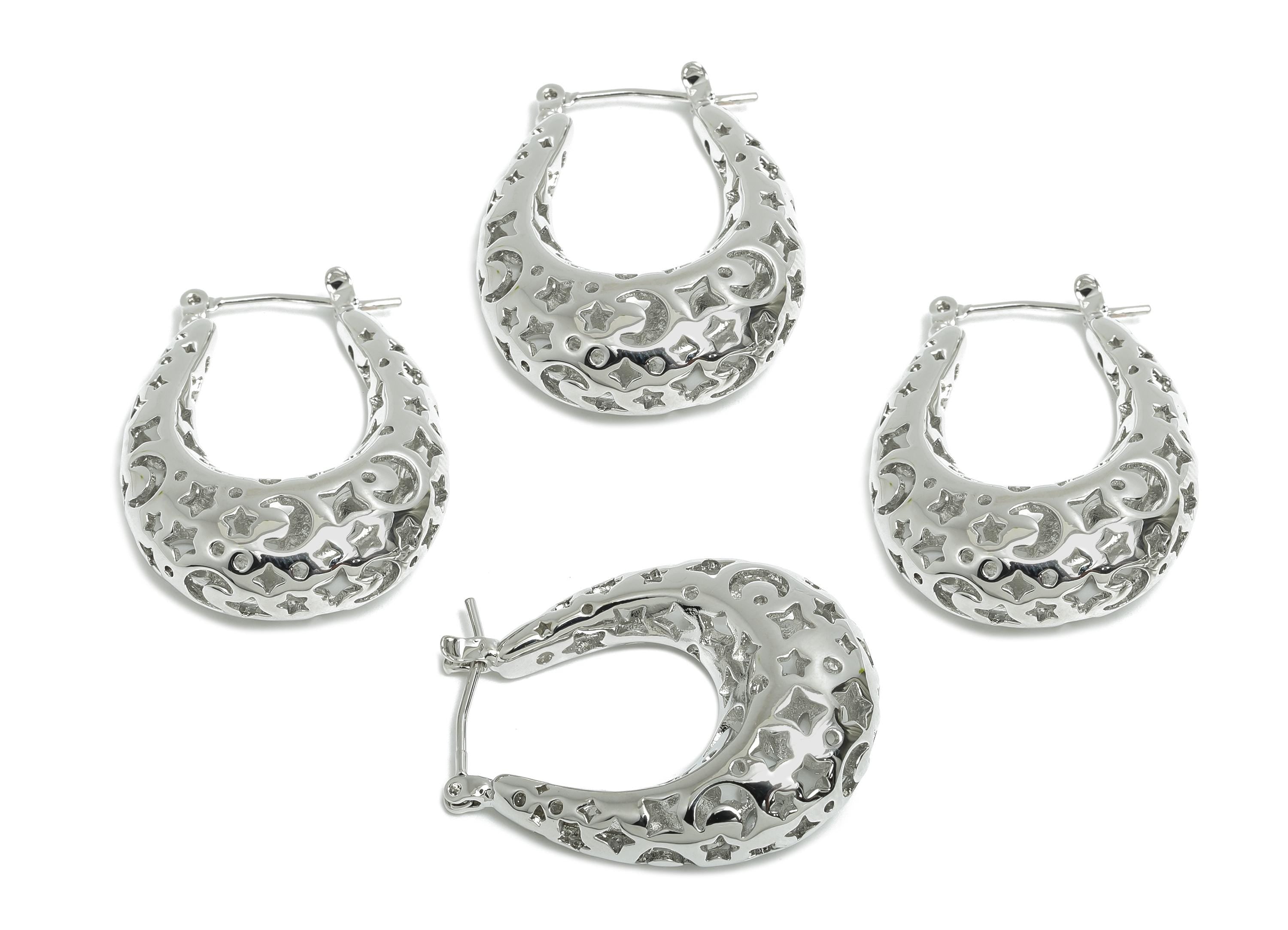 Brass Hoop Earring - Brass Hollow Space Earring - Artistic Earring Post - Star Moon Pattern Hinged Back - Bold Jewelry - 31x24x9mm -RGP9392S - DOMEDBAZAAR