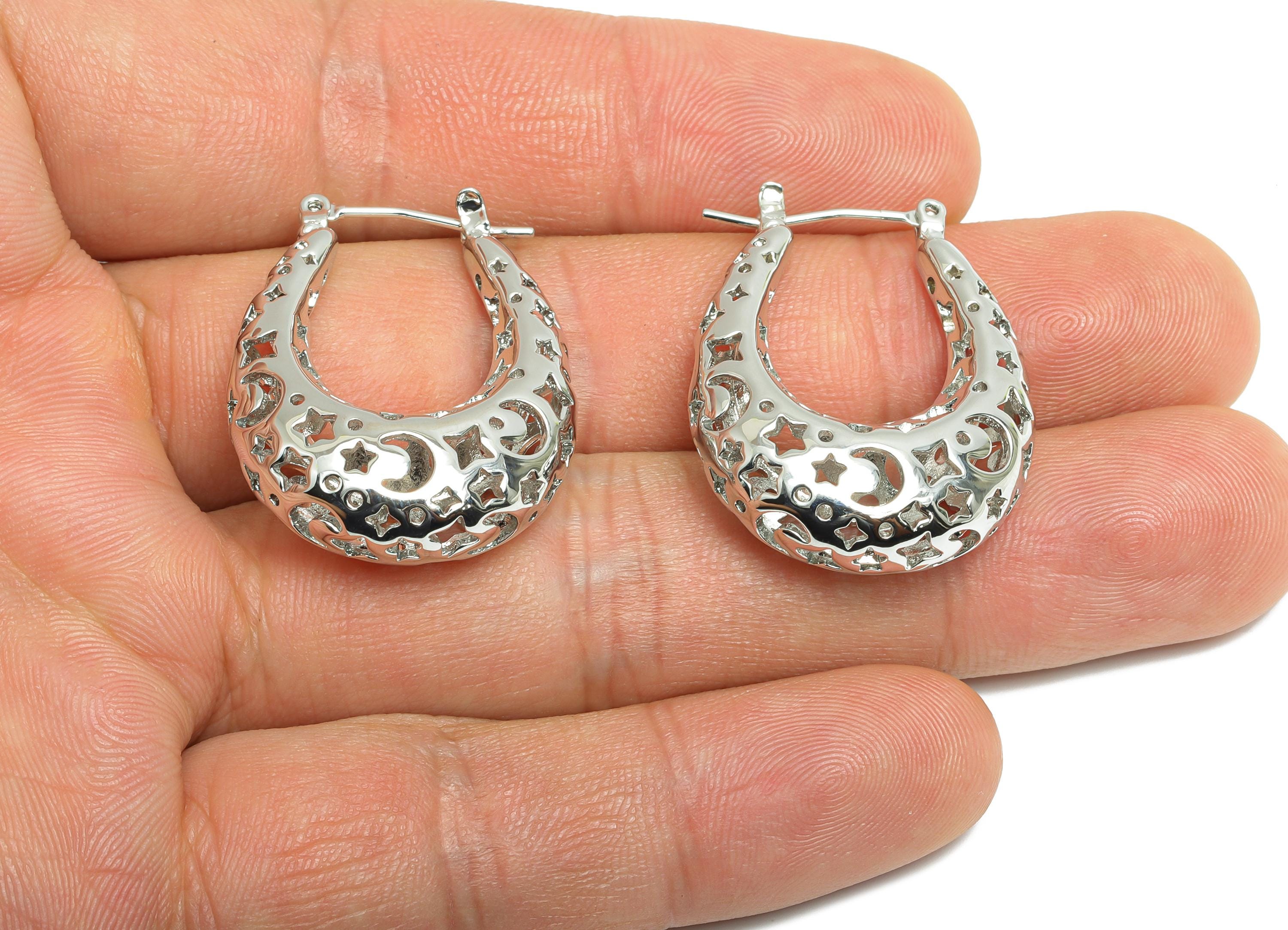 Brass Hoop Earring - Brass Hollow Space Earring - Artistic Earring Post - Star Moon Pattern Hinged Back - Bold Jewelry - 31x24x9mm -RGP9392S - DOMEDBAZAAR