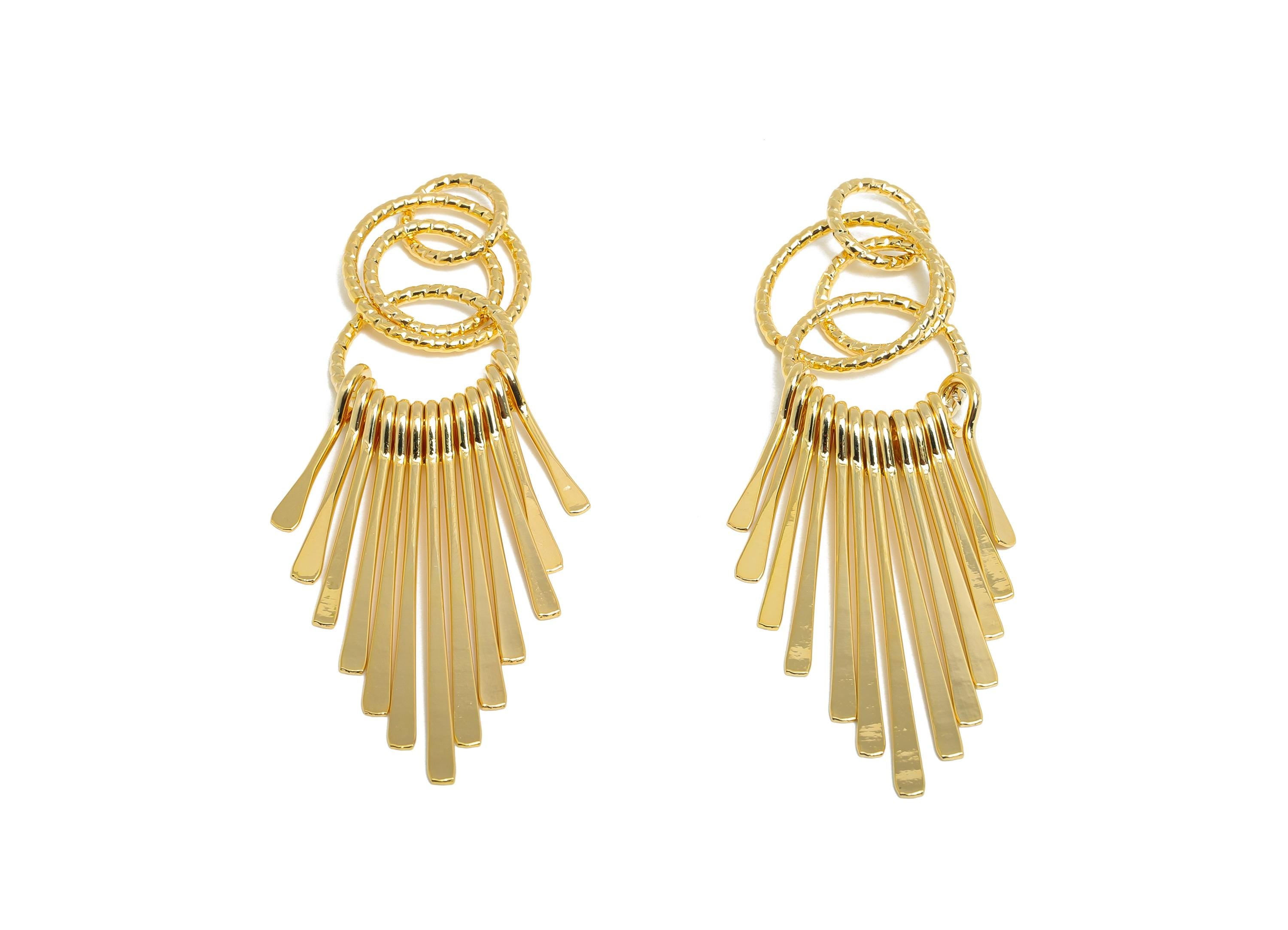 Tassel Dangle Earring - Brass Hammered Bar Earring Charm - Modern Dangle Earring - Gold Jewelry - 18k Real Gold Plating - 60x14x4mm -RGP9397