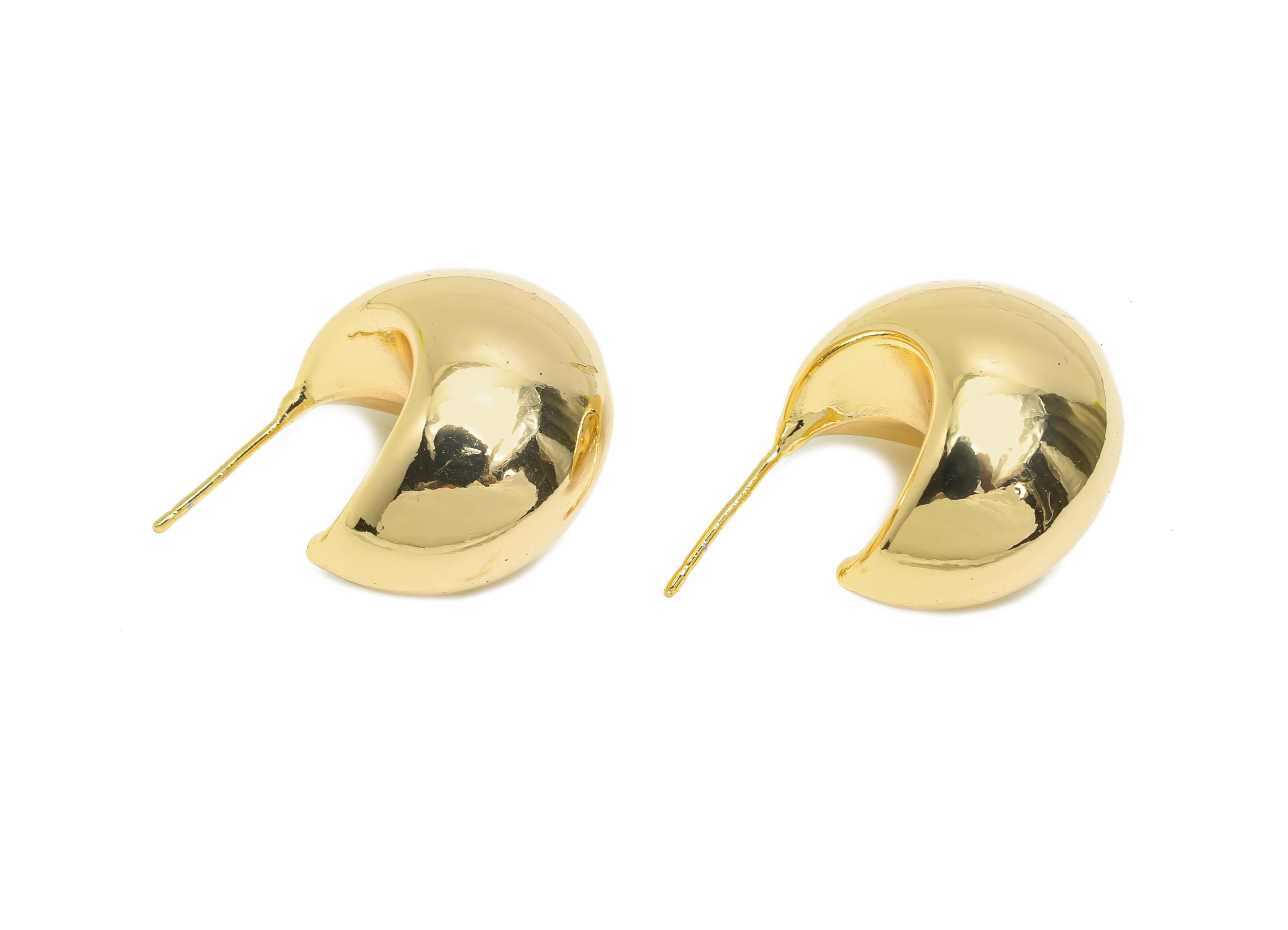 Gold Crescent Hoop Earring - Brass Bold Crescent Earring Stud - Chunky Crescent Earring - 18k Real Gold Plating - 38x20x2mm - RGP9440 - DOMEDBAZAAR