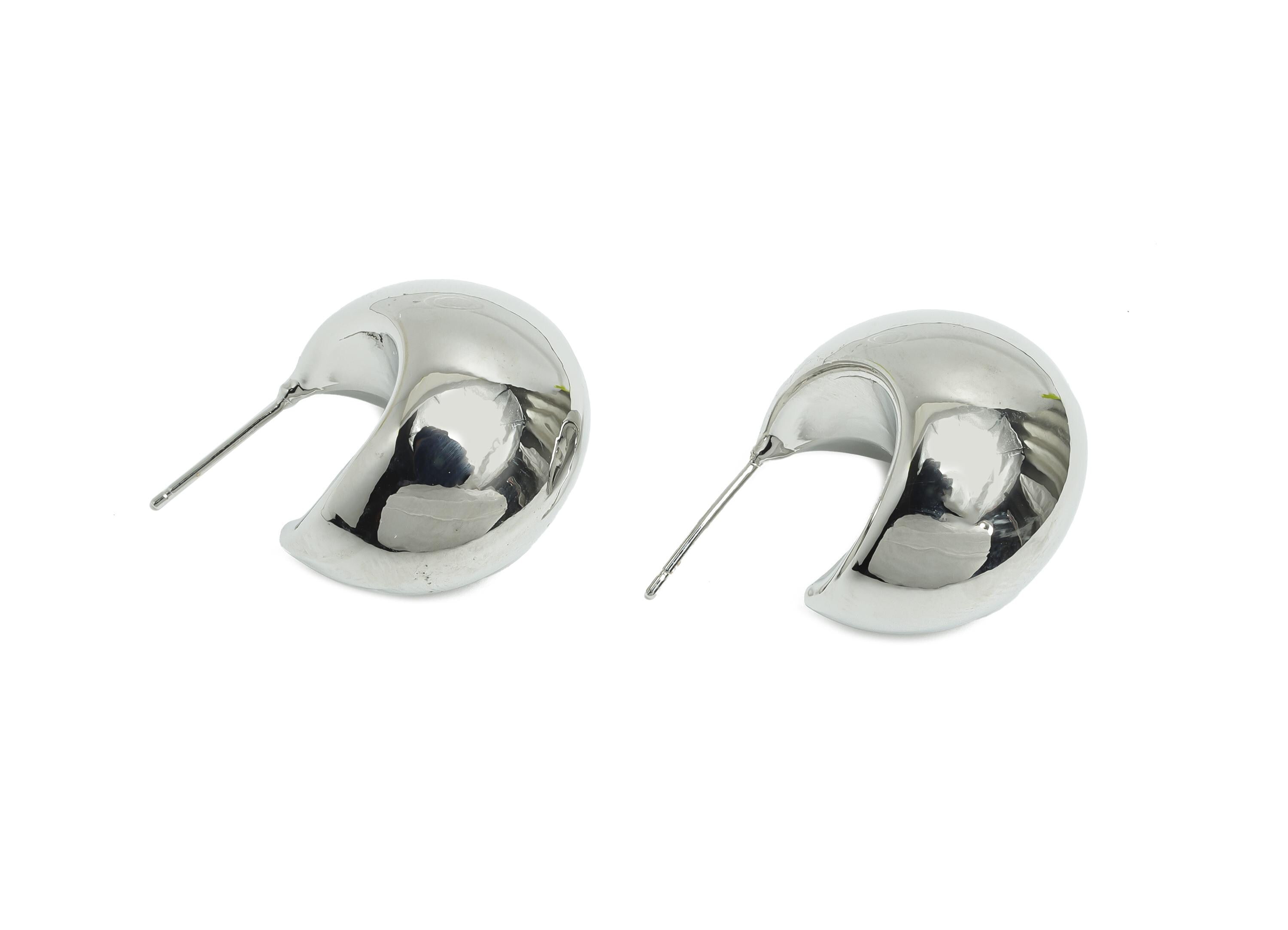 Silver Crescent Hoop Earring - Brass Bold Crescent Earring Stud - Chunky Crescent Earring - 18k Real White Gold Plating - 38x20x2mm-RGP9440S - DOMEDBAZAAR