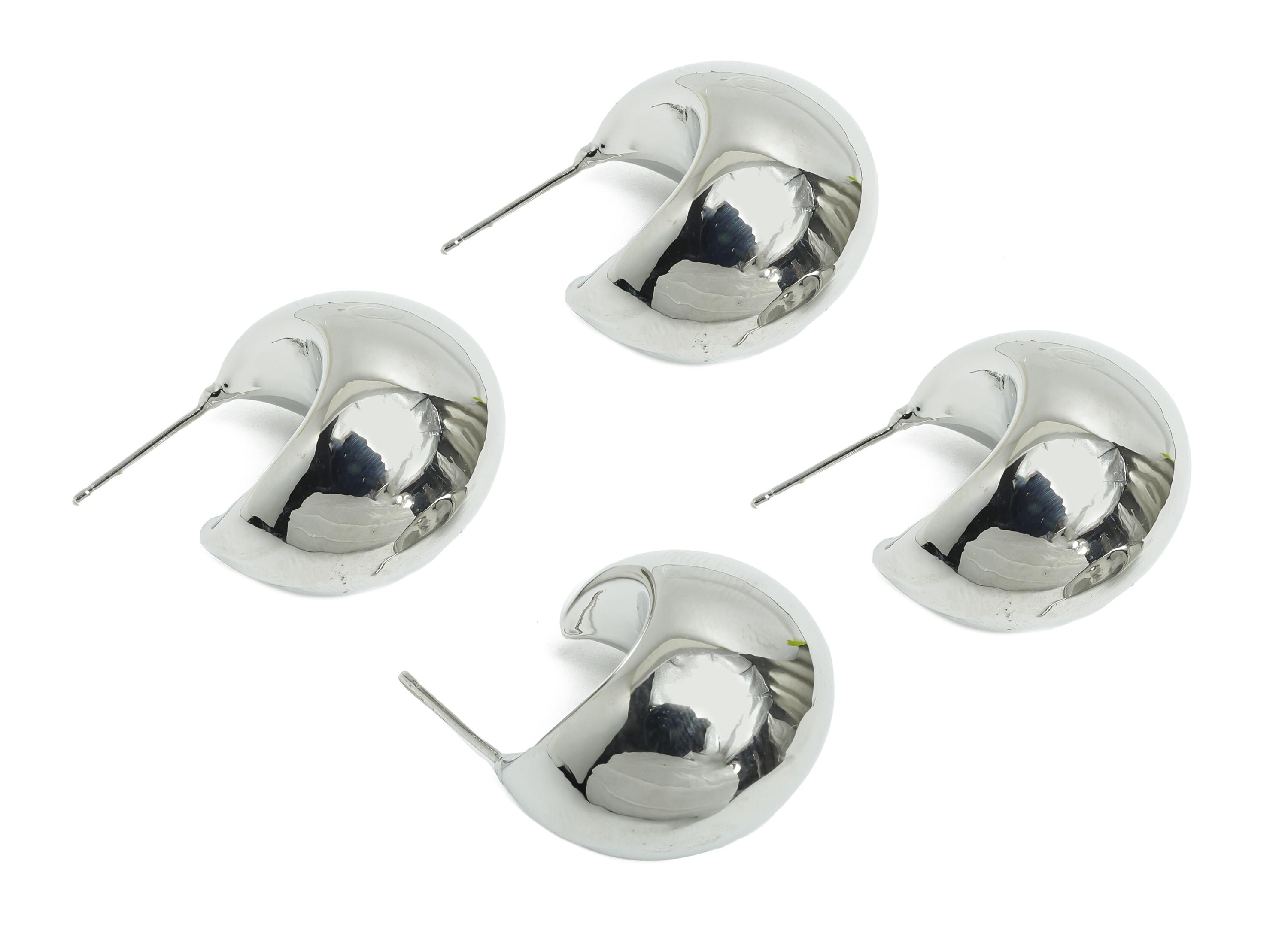 Silver Crescent Hoop Earring - Brass Bold Crescent Earring Stud - Chunky Crescent Earring - 18k Real White Gold Plating - 38x20x2mm-RGP9440S - DOMEDBAZAAR