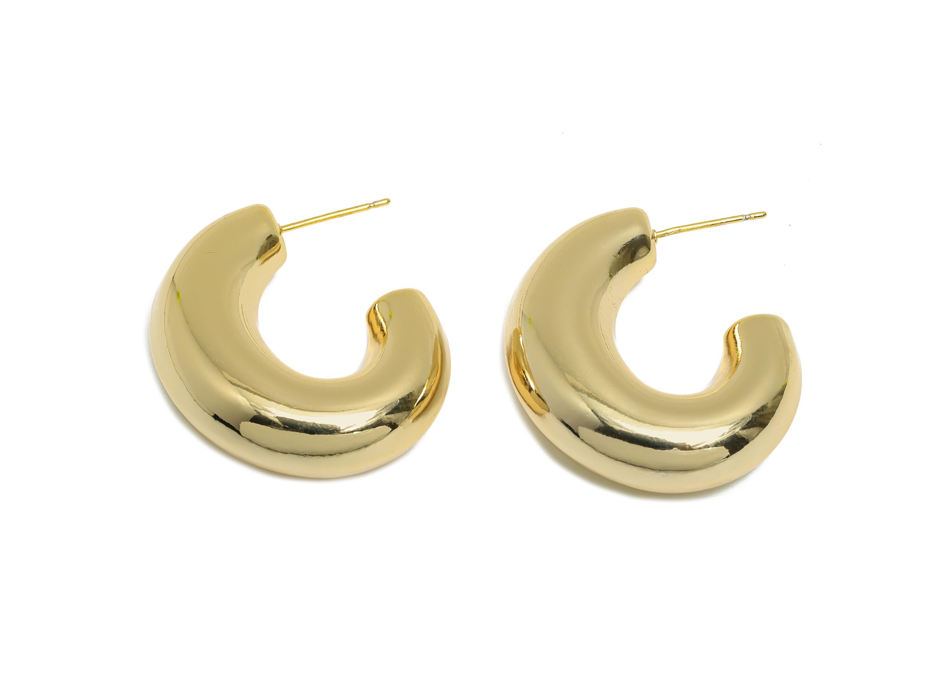 Chunky Hoop Earring - Brass Bold Curved Earring Stud - Chunky Crescent Earring - 18k Real Gold Plating - 33.5x29x10.5mm - RGP9426 - DOMEDBAZAAR