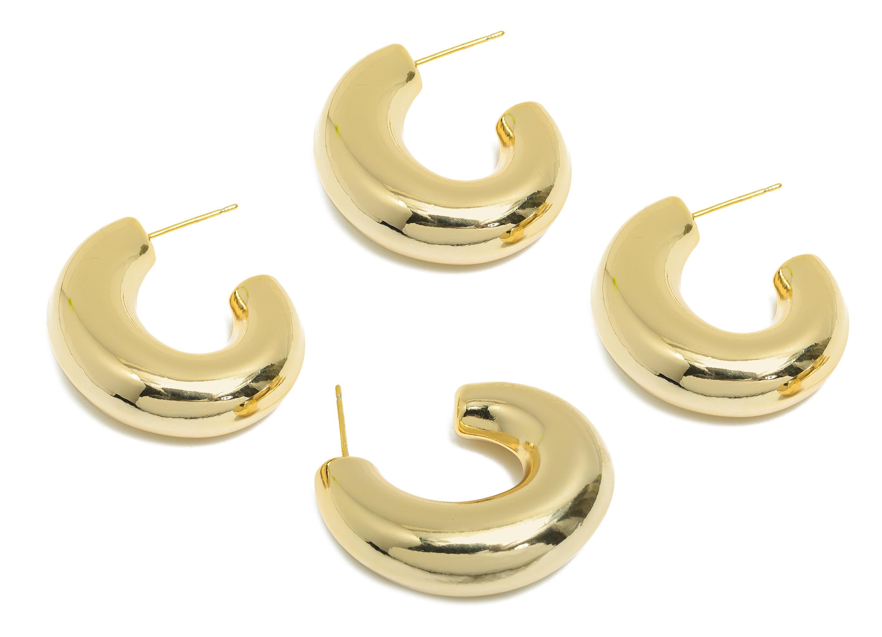 Chunky Hoop Earring - Brass Bold Curved Earring Stud - Chunky Crescent Earring - 18k Real Gold Plating - 33.5x29x10.5mm - RGP9426 - DOMEDBAZAAR