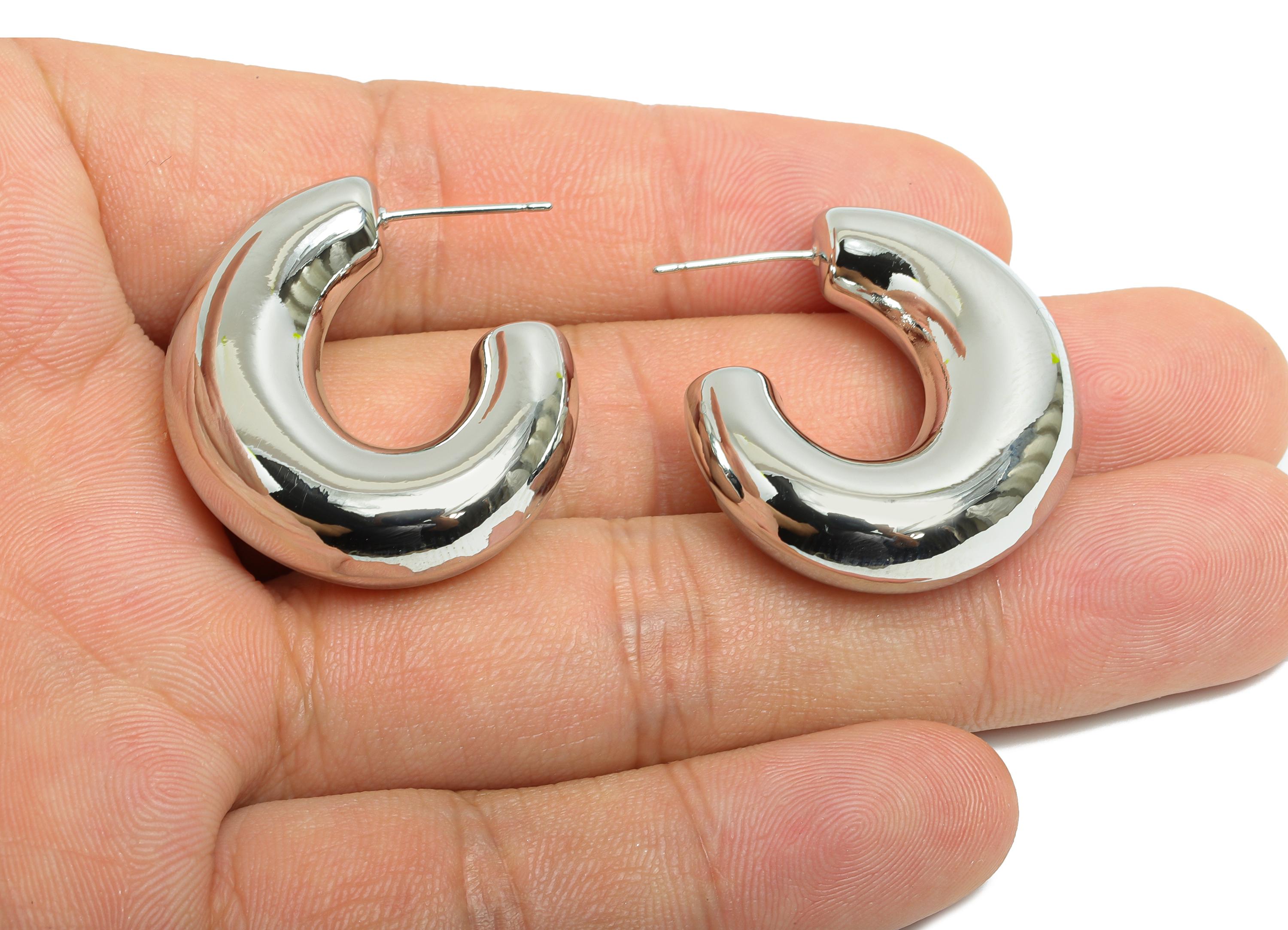 Chunky Hoop Earring - Brass Bold Curved Earring Stud - Chunky Crescent Earring - 18k Real White Gold Plating - 33.5x29x10.5mm - RGP9426S - DOMEDBAZAAR