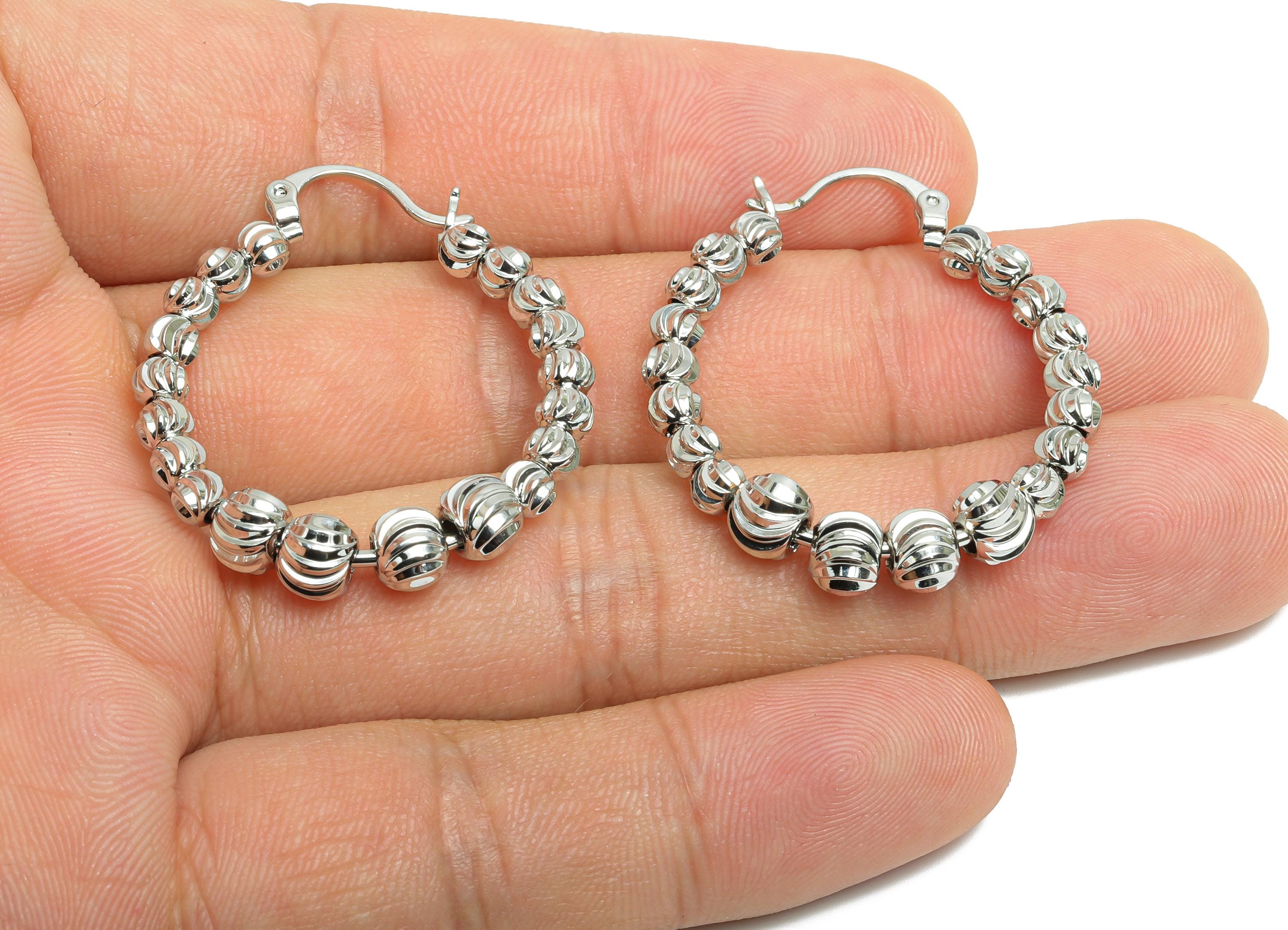 Brass Beaded Hoop Earring - Brass Textured Beaded Hoop - Hinged Back - Classic Hoop Jewelry - 18k Real White Gold Plated -35x30x5mm-RGP9435S - DOMEDBAZAAR