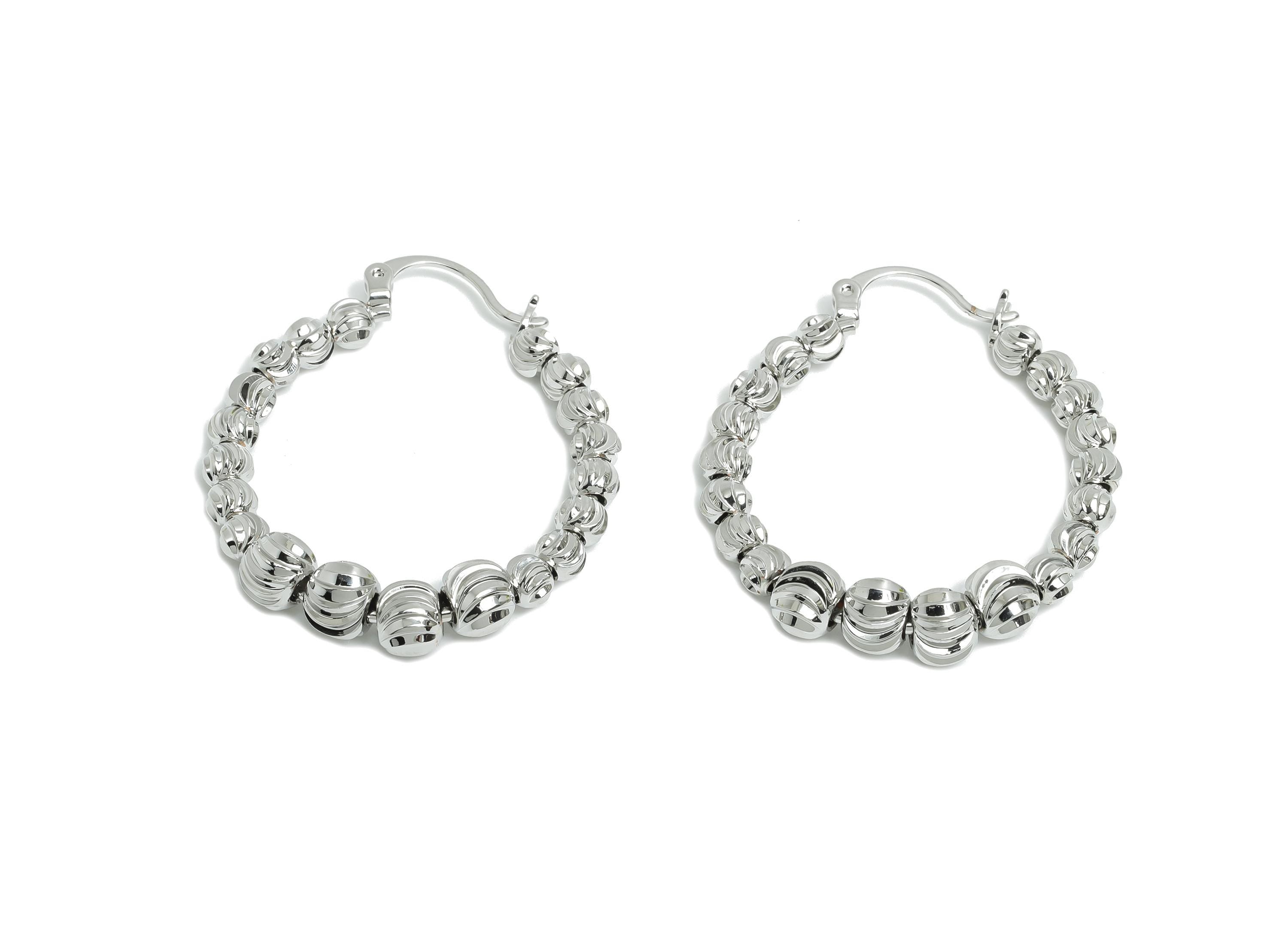 Brass Beaded Hoop Earring - Brass Textured Beaded Hoop - Hinged Back - Classic Hoop Jewelry - 18k Real White Gold Plated -35x30x5mm-RGP9435S - DOMEDBAZAAR