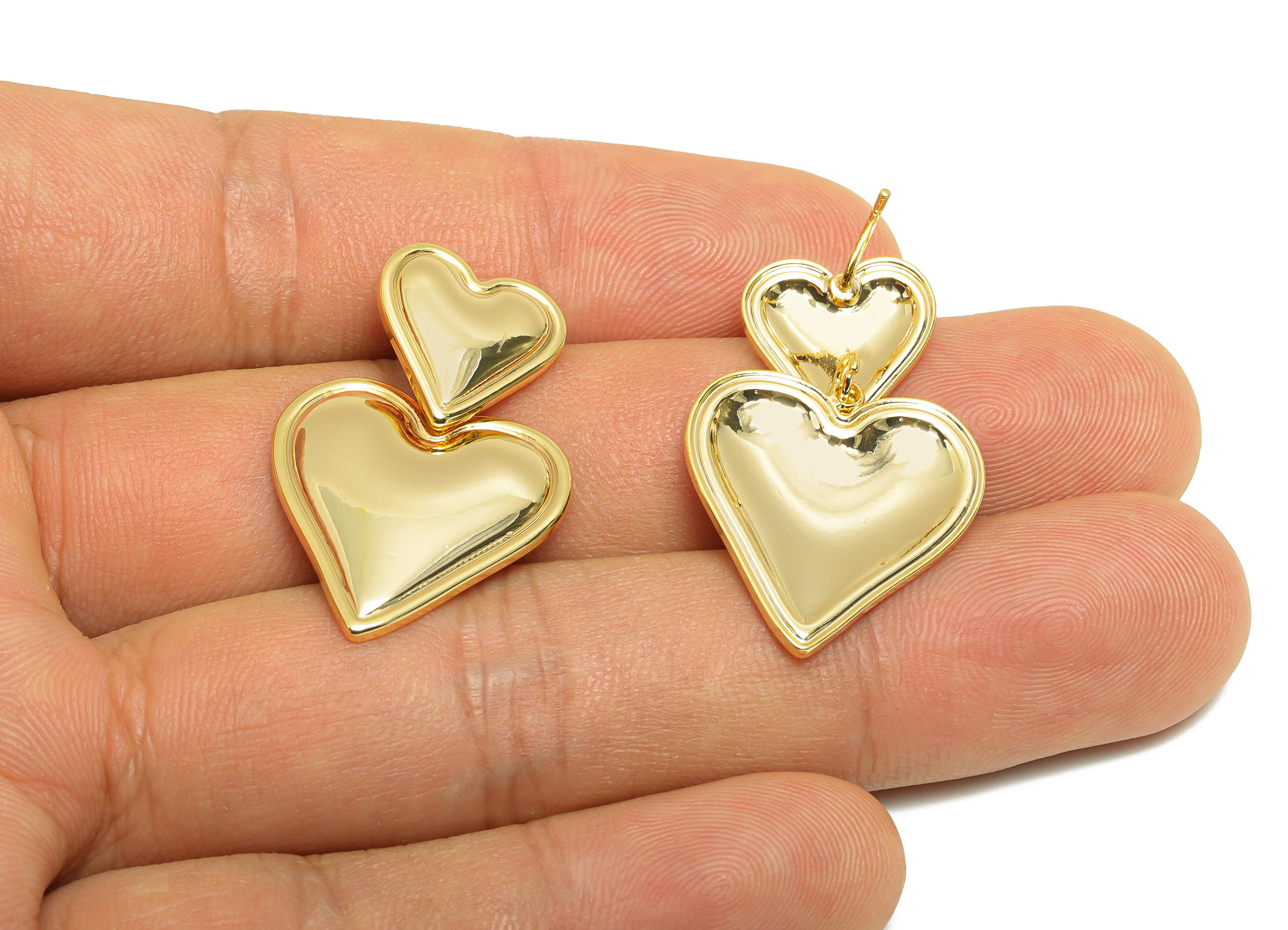 Romantic Dangle Heart Earring - Brass Shiny Finish Earring Stud - Valentine&#39;s Day Jewelry - Double Heart Gold Jewelry - 31x20x2mm - RGP10077 - DOMEDBAZAAR