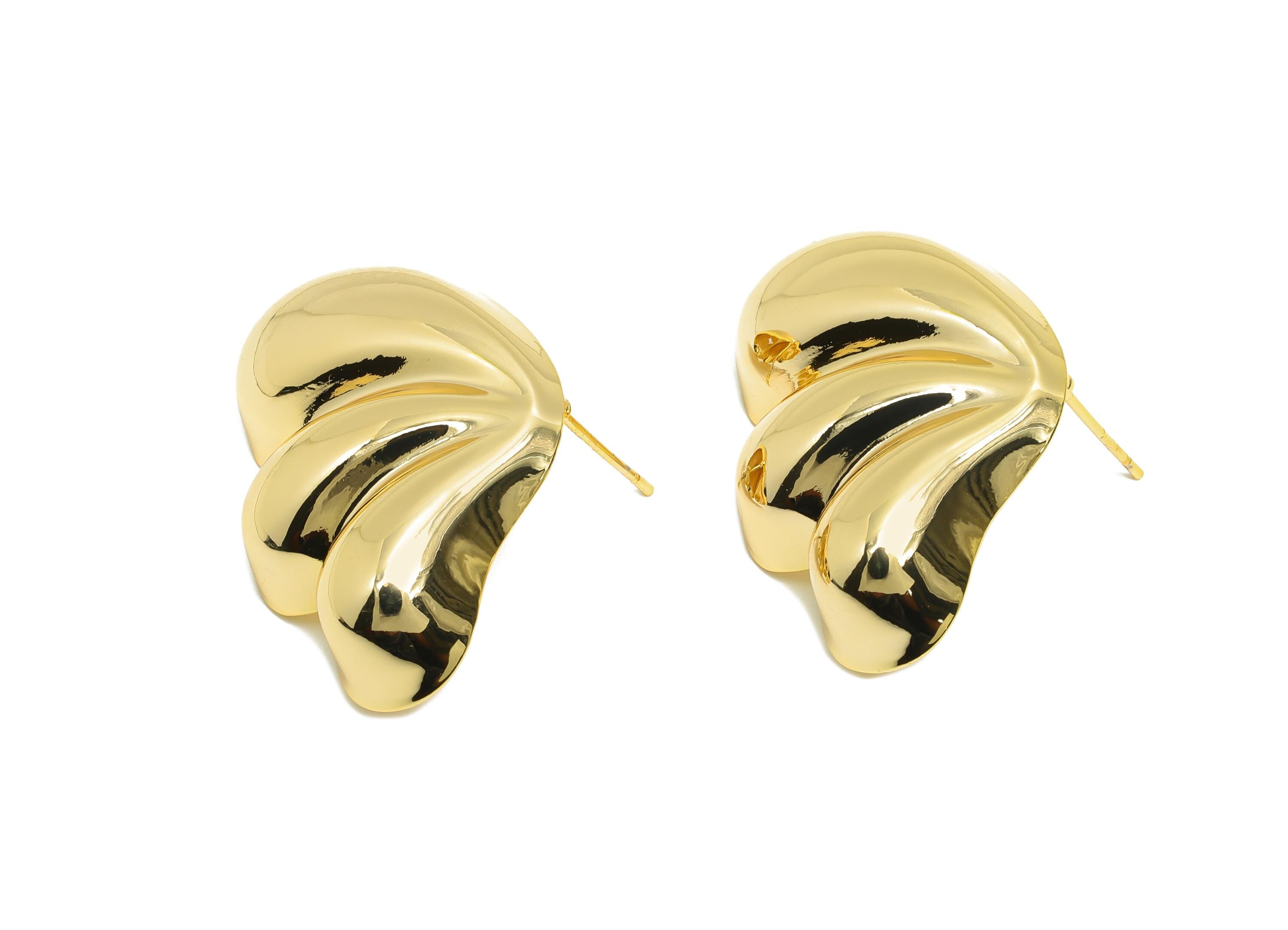 Curved Leaf Motif Earring - Brass Unique Sculptural Earring Natural Curves - Minimalist Gold Jewelry - Artistic Jewelry - 33x23x6mm-RGP10037 - DOMEDBAZAAR