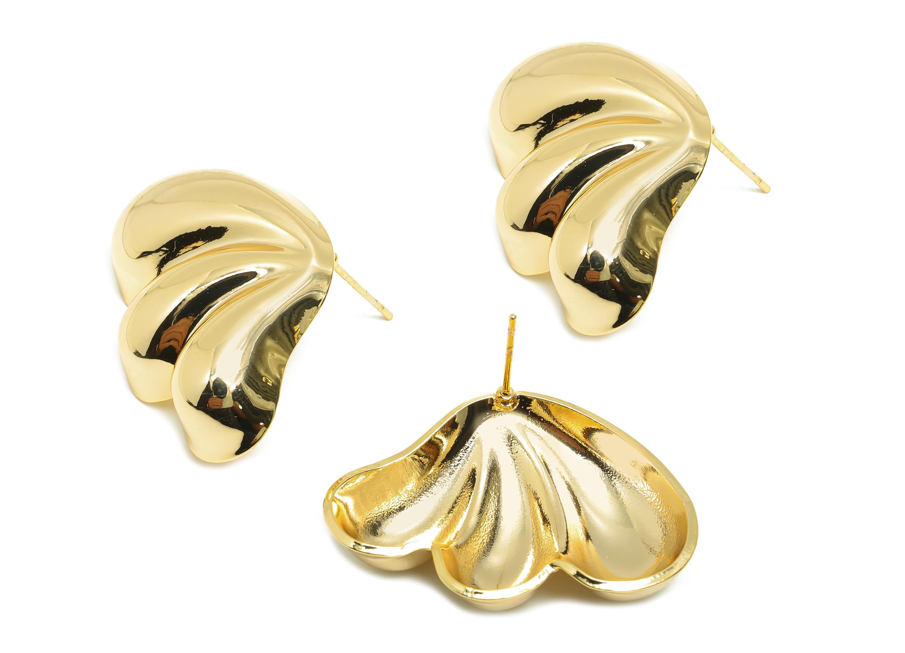 Curved Leaf Motif Earring - Brass Unique Sculptural Earring Natural Curves - Minimalist Gold Jewelry - Artistic Jewelry - 33x23x6mm-RGP10037 - DOMEDBAZAAR