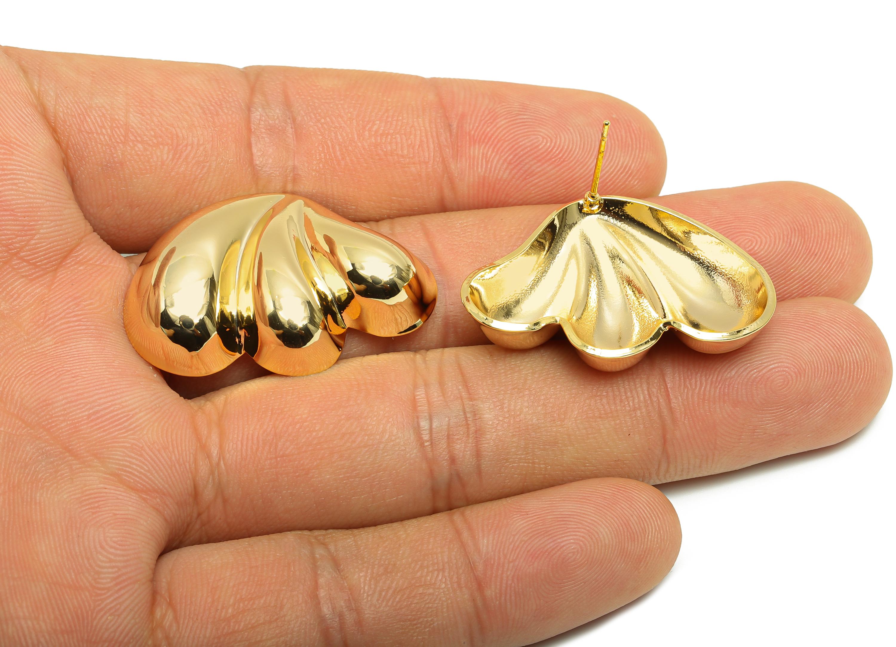 Curved Leaf Motif Earring - Brass Unique Sculptural Earring Natural Curves - Minimalist Gold Jewelry - Artistic Jewelry - 33x23x6mm-RGP10037 - DOMEDBAZAAR