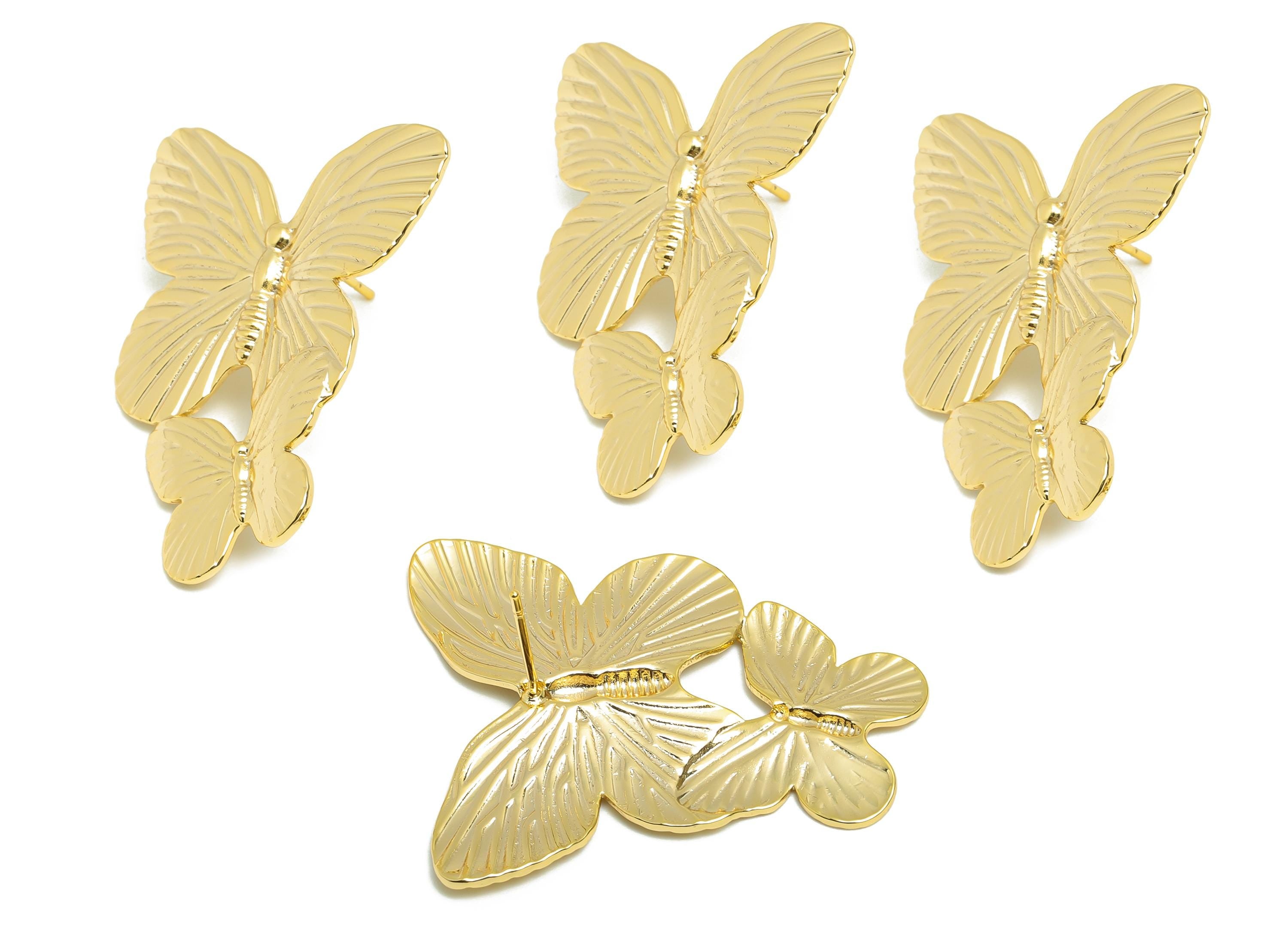 Layered Butterfly Stud Earring - Brass Textured Modern Earring Stud - Gold Nature-Inspired Elegant Butterfly Earring - 40x31x2mm - RGP10091 - DOMEDBAZAAR