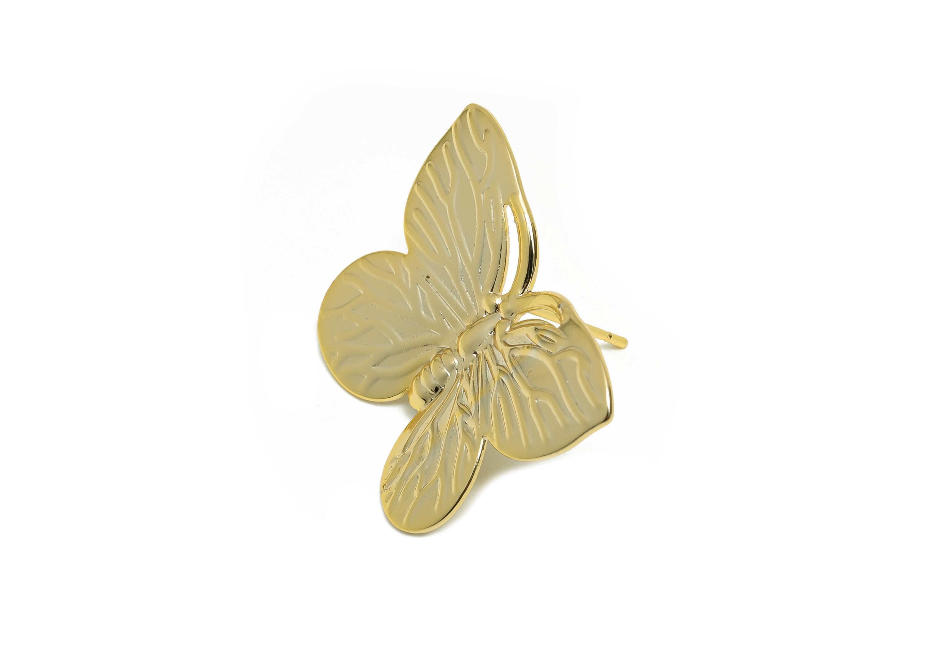 Modern Butterfly Stud Earring - Brass Textured Butterfly Earring Post - Gold Nature-Inspired Elegant  Butterfly Earring - 30x22x3mm-RGP10085 - DOMEDBAZAAR
