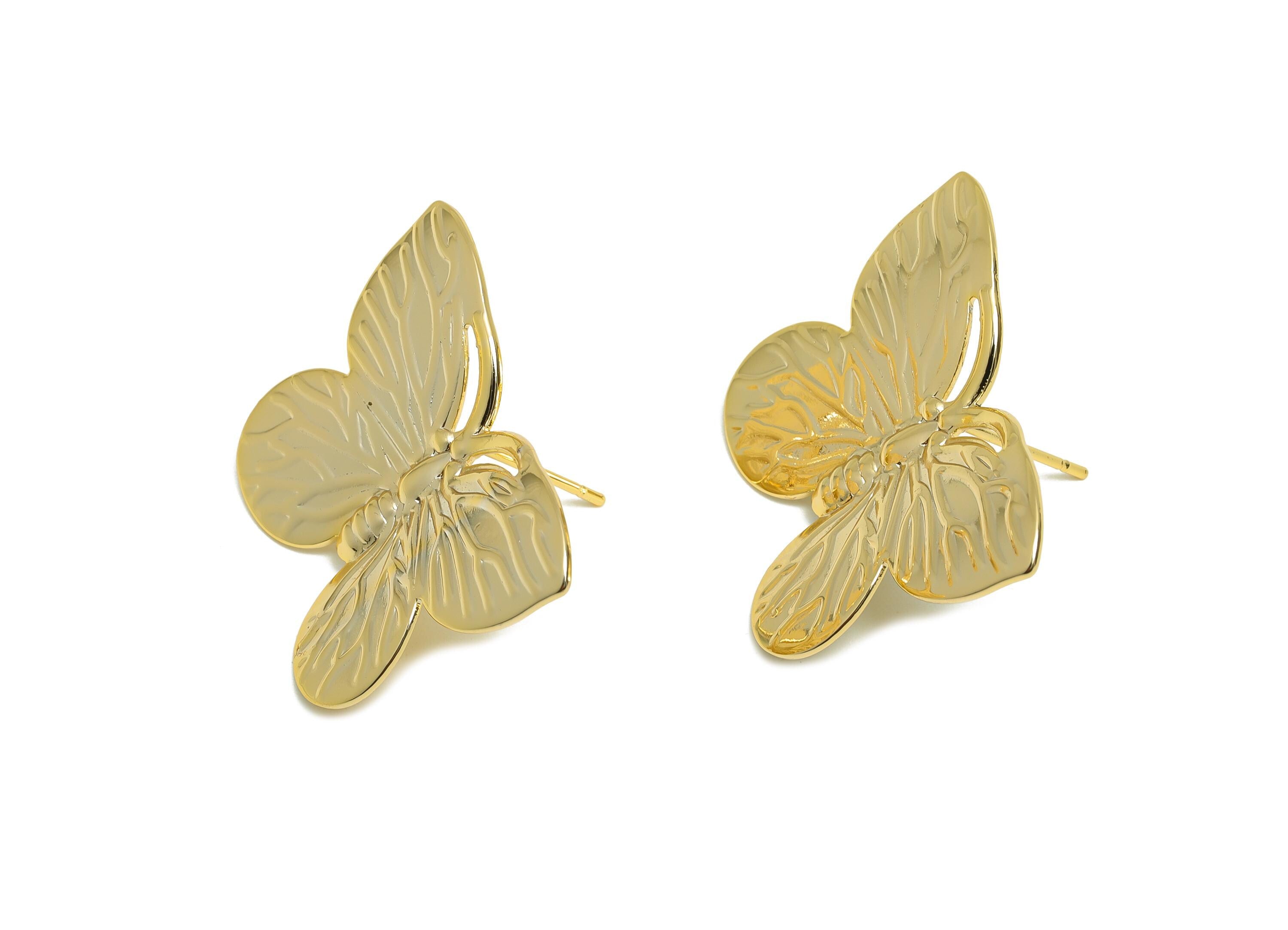 Modern Butterfly Stud Earring - Brass Textured Butterfly Earring Post - Gold Nature-Inspired Elegant  Butterfly Earring - 30x22x3mm-RGP10085 - DOMEDBAZAAR