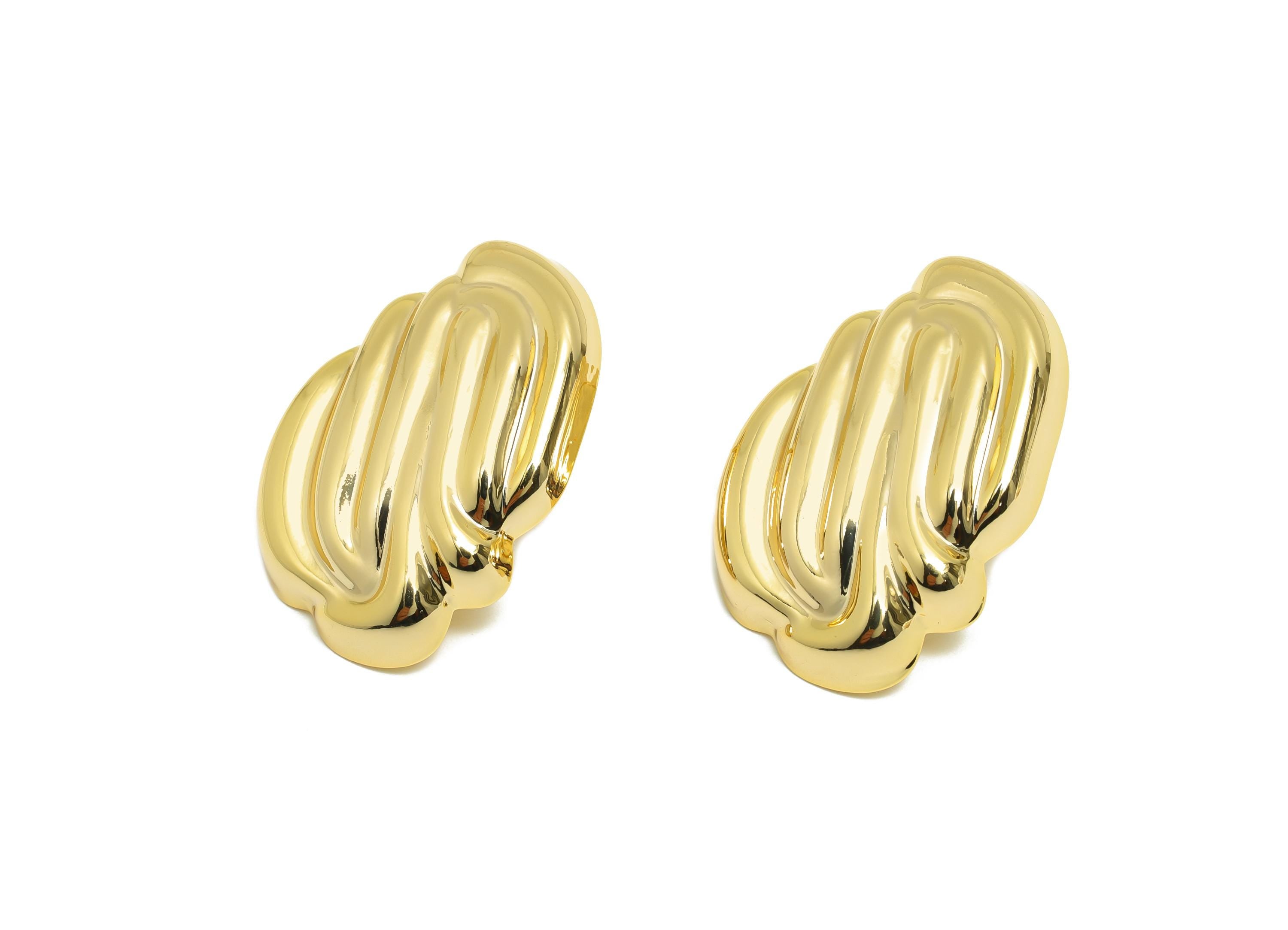 Bold Textured Earring - Brass Abstract Sculpted Earring - Elegant Rippled Earring - Unique Earring Post -  Gold Jewelry - 33x24x6mm-RGP10043 - DOMEDBAZAAR