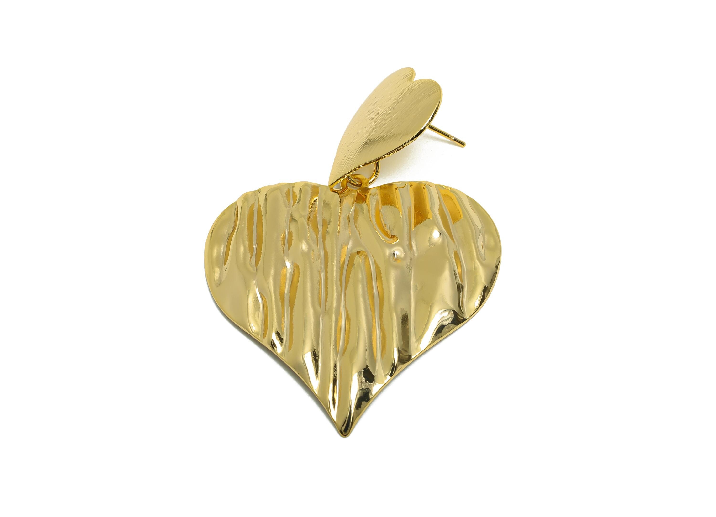 Brass Bold Heart Earring - Brass Unique Texture Heart Earring Post - Gold Vintage Wavy Heart Earring - Romantic Gift - 55x39x2mm - RGP10071 - DOMEDBAZAAR