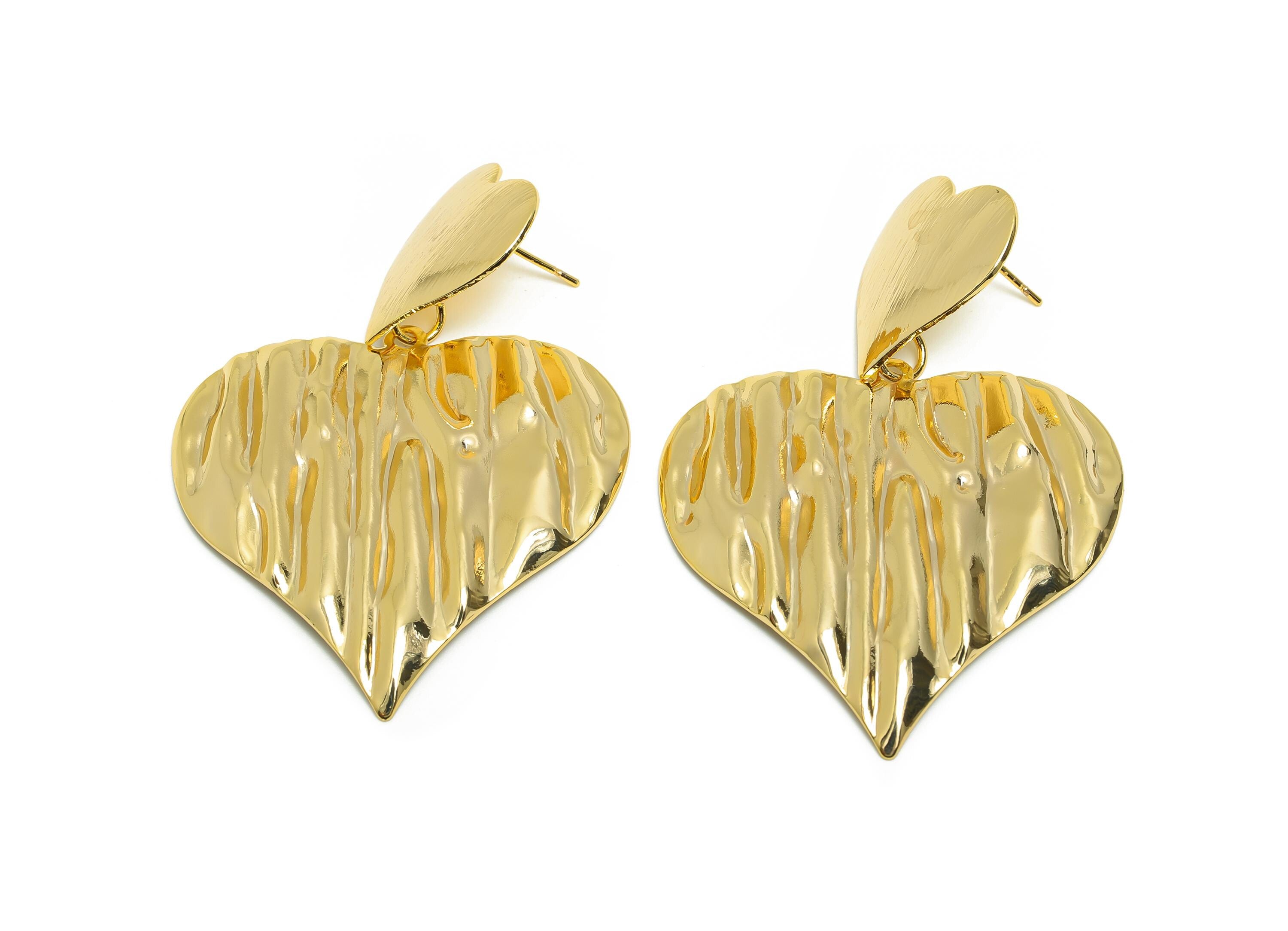 Brass Bold Heart Earring - Brass Unique Texture Heart Earring Post - Gold Vintage Wavy Heart Earring - Romantic Gift - 55x39x2mm - RGP10071 - DOMEDBAZAAR