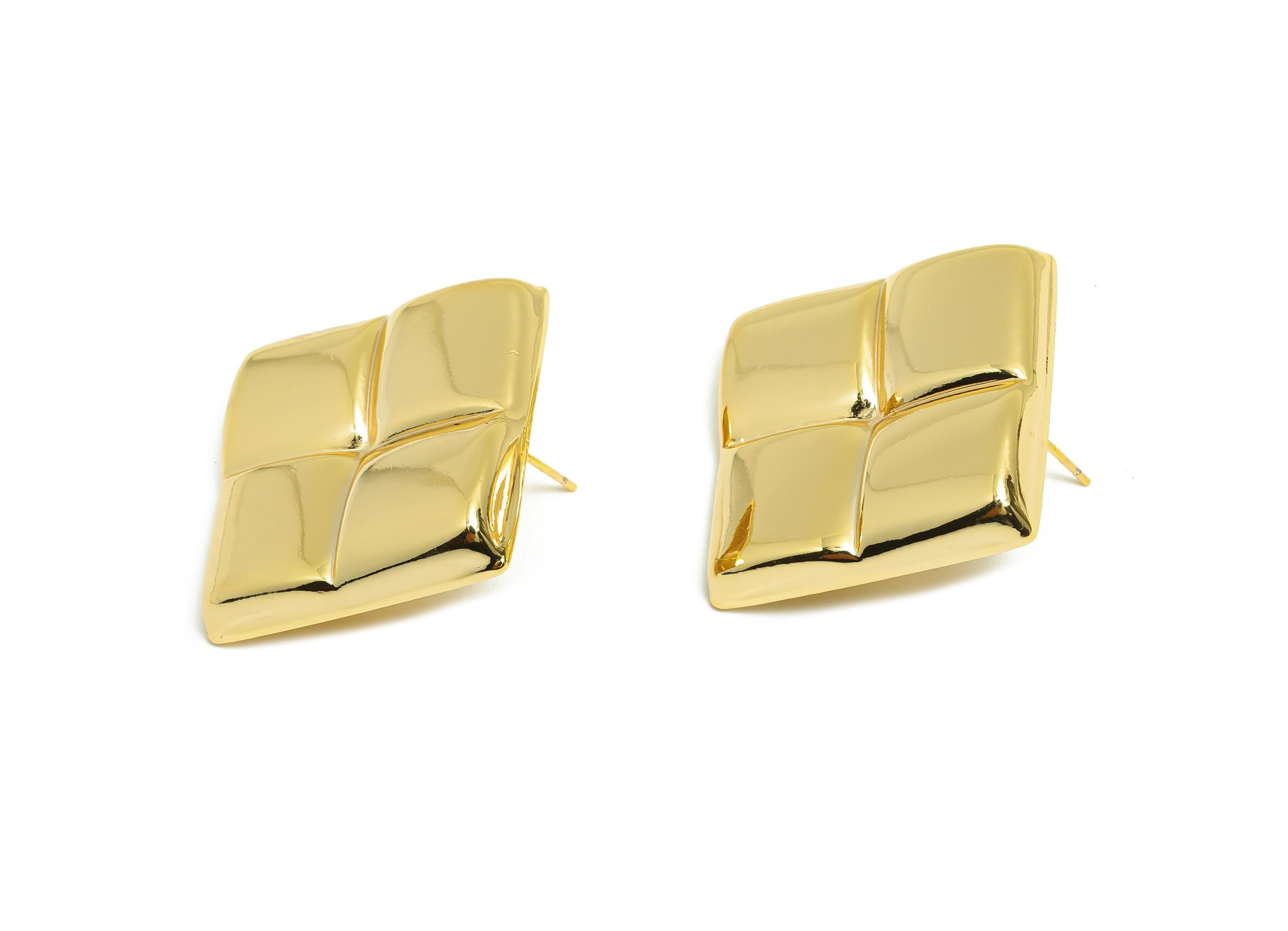 Brass Vintage Earring Post - Brass Pillow Cushion Square Earring - Geometric Four-Panel Stud Earring - Gold Jewelry - 38x29x4mm - RGP10055 - DOMEDBAZAAR