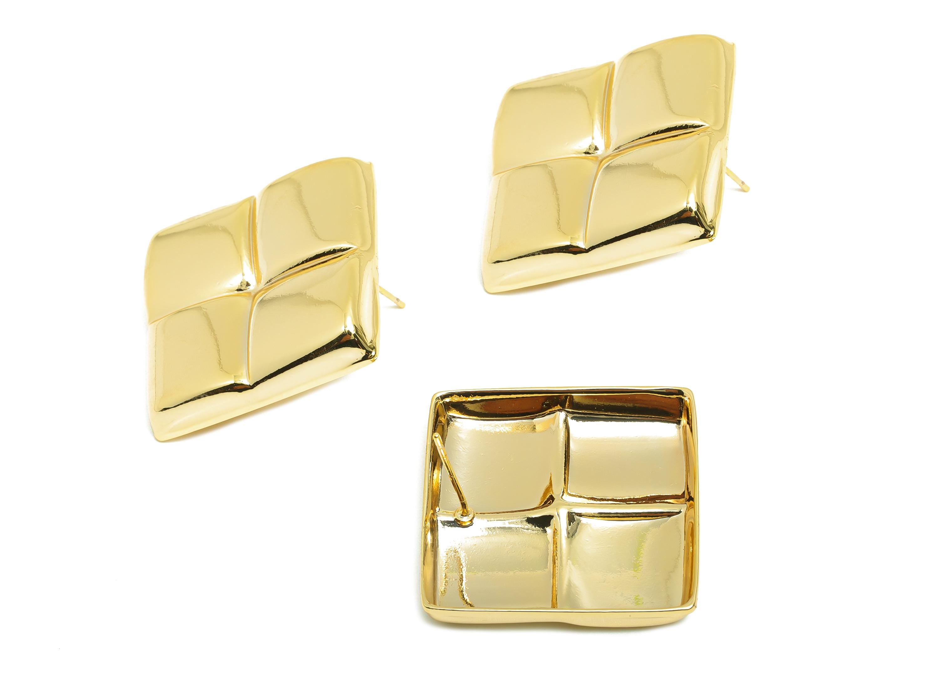 Brass Vintage Earring Post - Brass Pillow Cushion Square Earring - Geometric Four-Panel Stud Earring - Gold Jewelry - 38x29x4mm - RGP10055 - DOMEDBAZAAR
