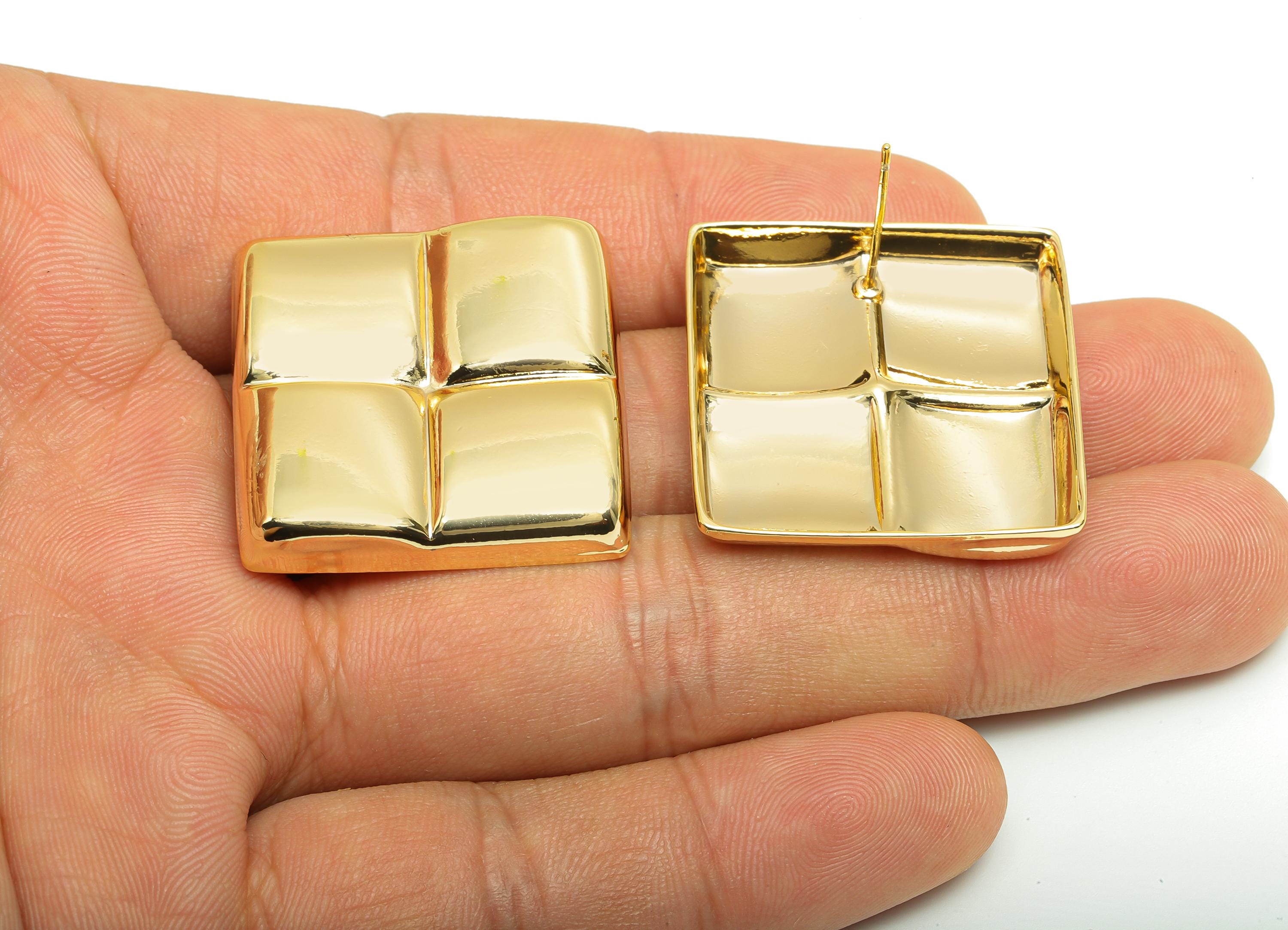 Brass Vintage Earring Post - Brass Pillow Cushion Square Earring - Geometric Four-Panel Stud Earring - Gold Jewelry - 38x29x4mm - RGP10055 - DOMEDBAZAAR