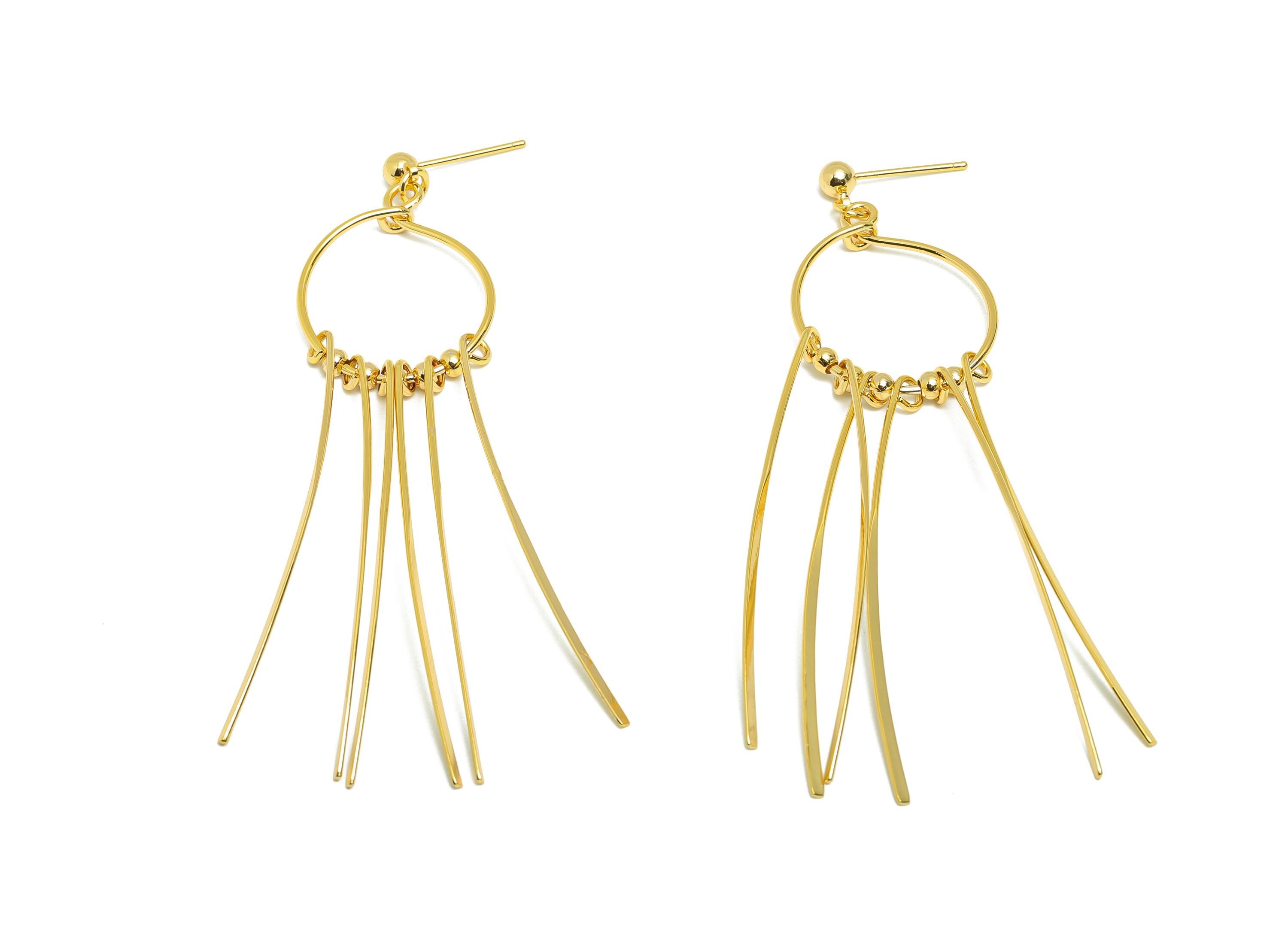 Dangle Tassel Earring Stud - Brass Boho Hammered Tassel Post - Layered Fringe Earring Bold Look Post - Gold Jewelry - 82x22x4mm - RGP10111 - DOMEDBAZAAR