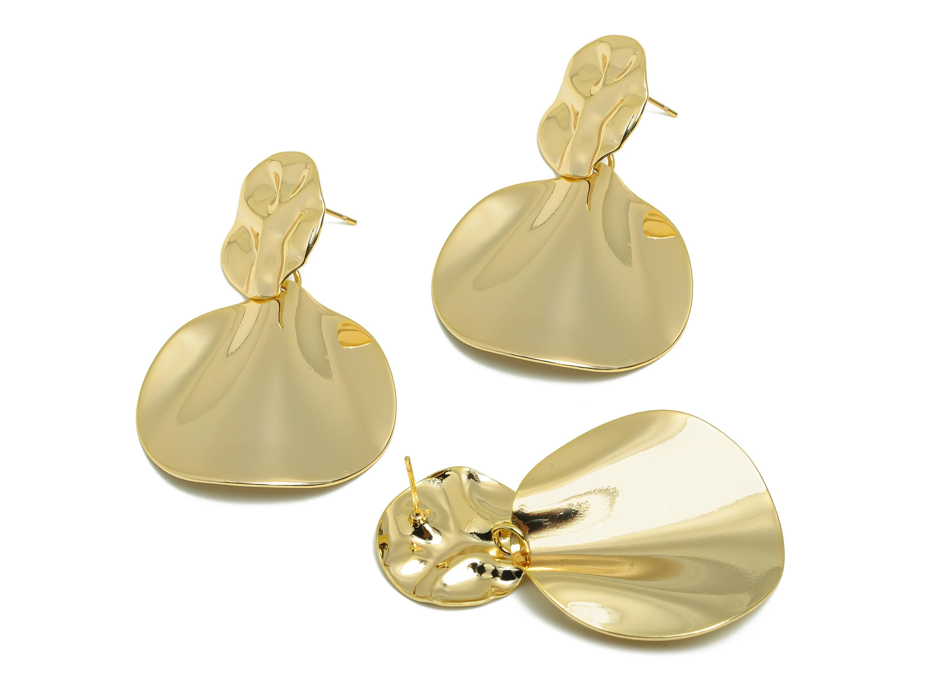 Brass Artistic Round Earring - Brass Unique Texture Wavy Earring Post - Gold Vintage Dangle Earring - Gold Jewelry - 50x33x4.5mm - RGP10083 - DOMEDBAZAAR