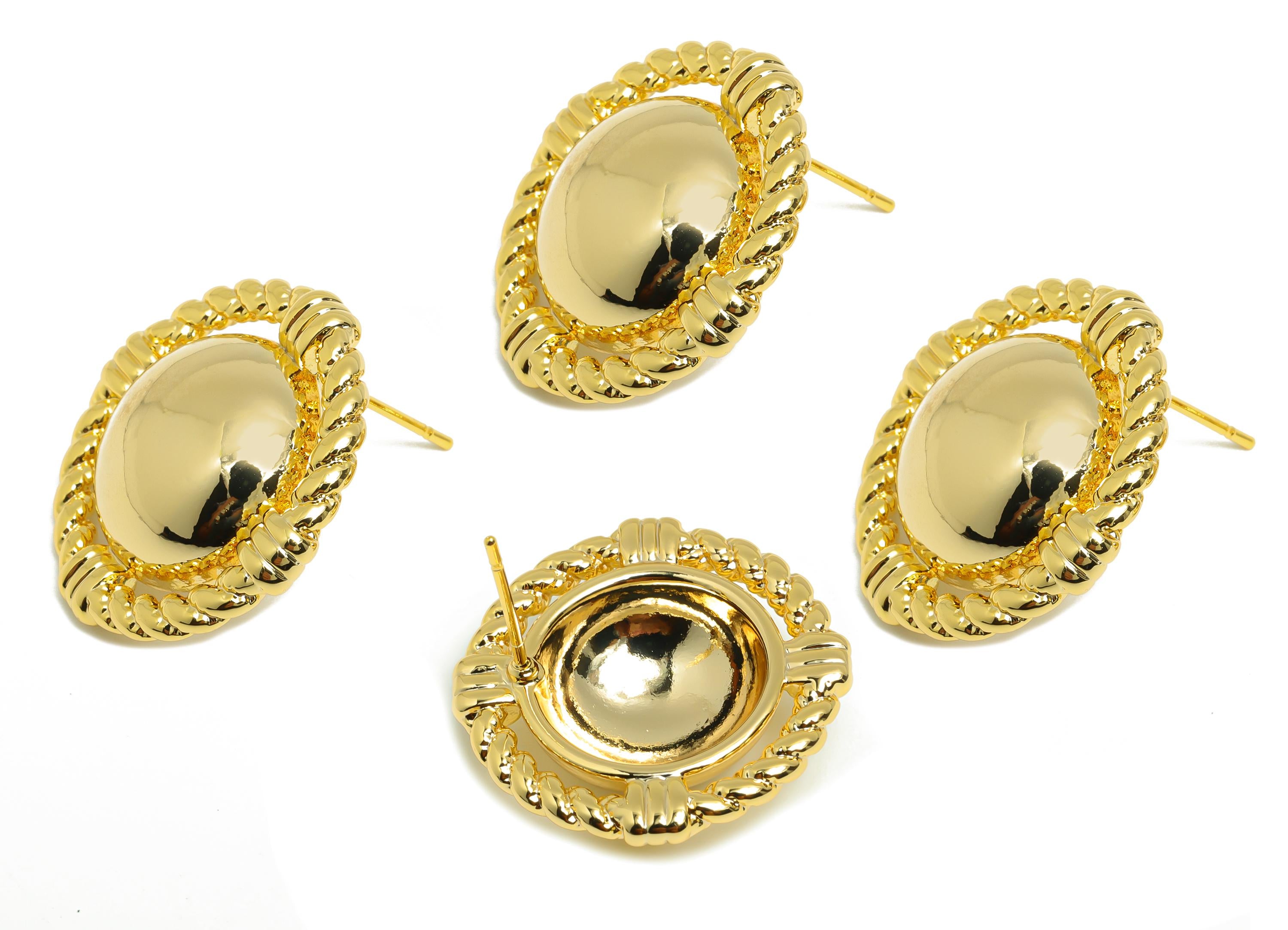 Vintage Rope Twist Stud Earring - Brass Classic Earrings Rope Earring Post - Gold Antique Dome Earring - Gold Jewelry - 23x23x6mm - RGP10106 - DOMEDBAZAAR
