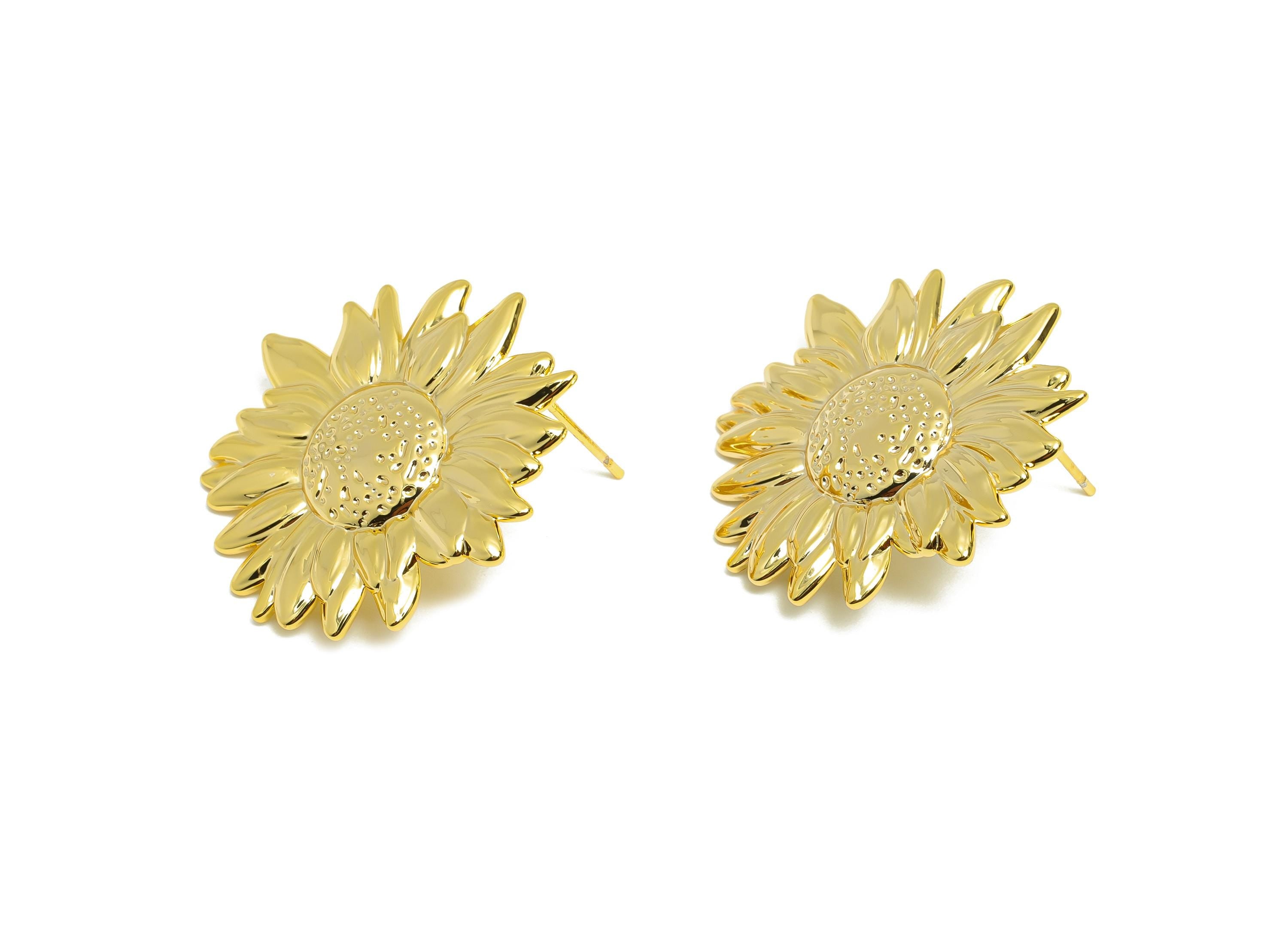 Brass Sunflower Stud Earring - Brass Nature-Inspired Sunflower Earring Post - Delicate Sunflower Earring - Gold Jewelry - 27x26x2mm-RGP10051 - DOMEDBAZAAR