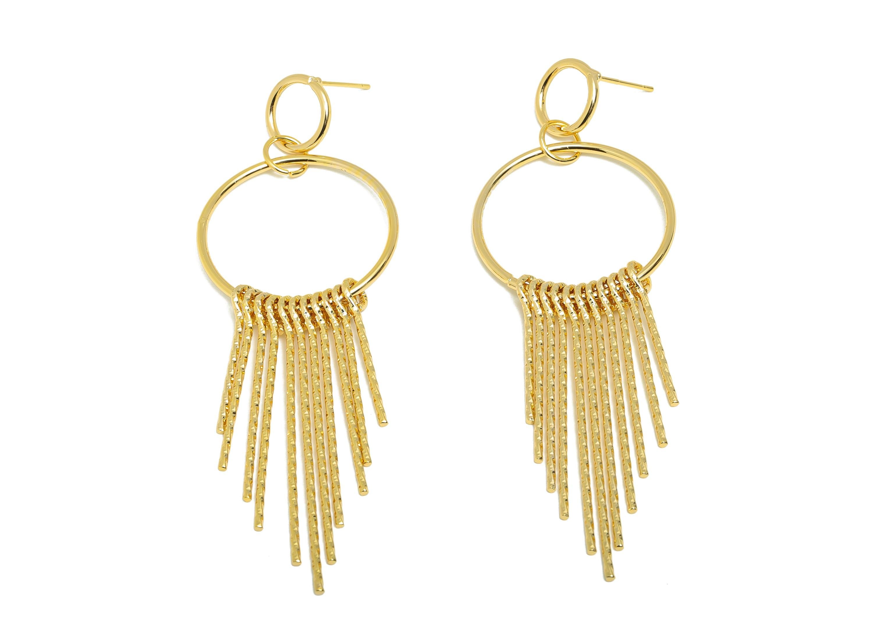 Dangle Tassel Earring Stud - Brass Boho Textured Tassel Wire Post - Layered Fringe Earring Bold Post - Gold Jewelry - 90x30x5mm - RGP10115 - DOMEDBAZAAR