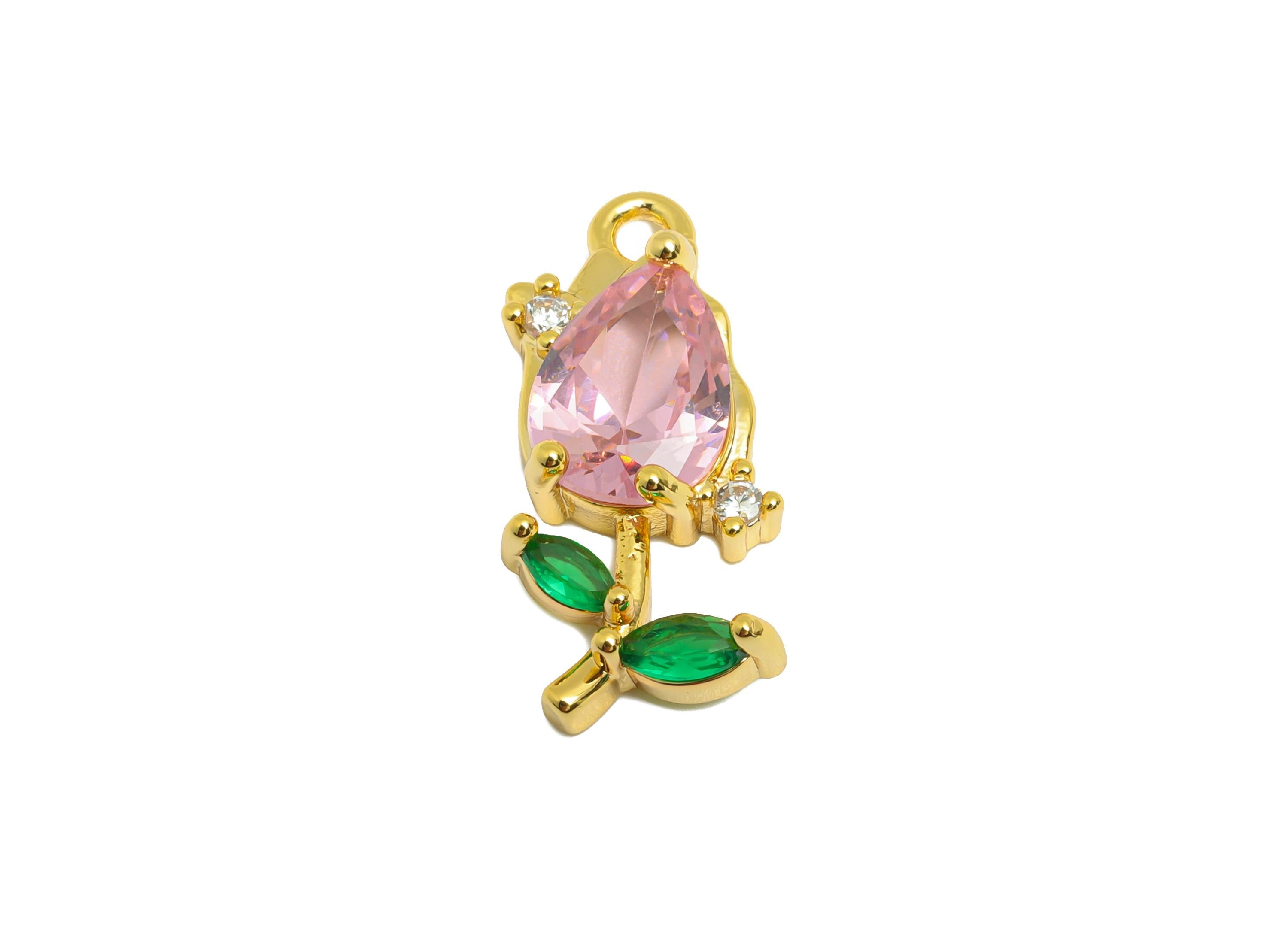 Rose Gemstone Pendant - Brass Zircon Vintage Pendant - Luxury Teardrop Charm - Crystal Elegant Jewelry - Gold Jewelry - 21x9x4mm - RGP10130 - DOMEDBAZAAR