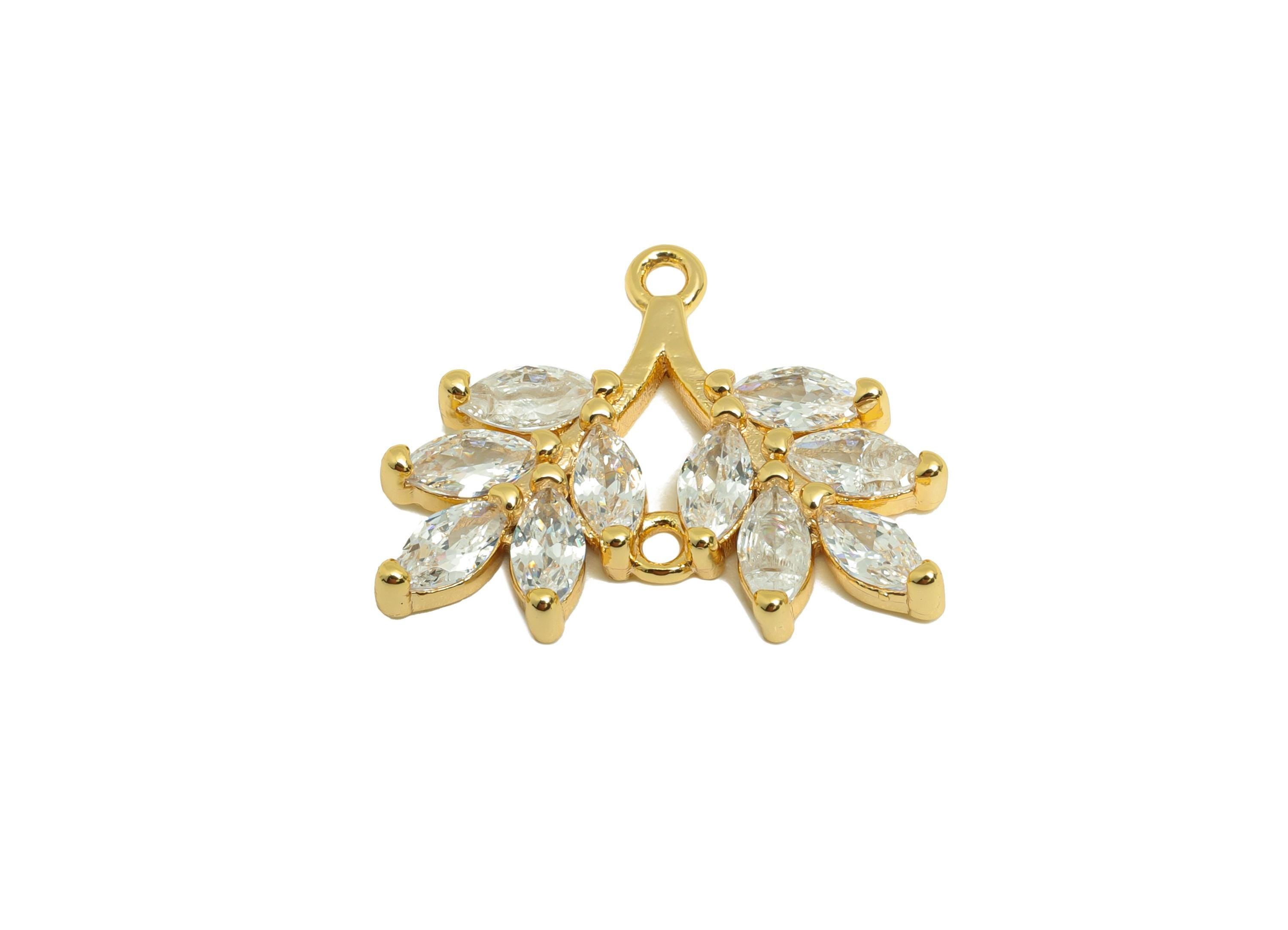 Brass Leaf Earring Charm - Brass Zircon Botanical Pendant - Sparkling White Marquise - Elegant Jewelry - Gold Jewelry - 19x15x2mm - RGP10128 - DOMEDBAZAAR