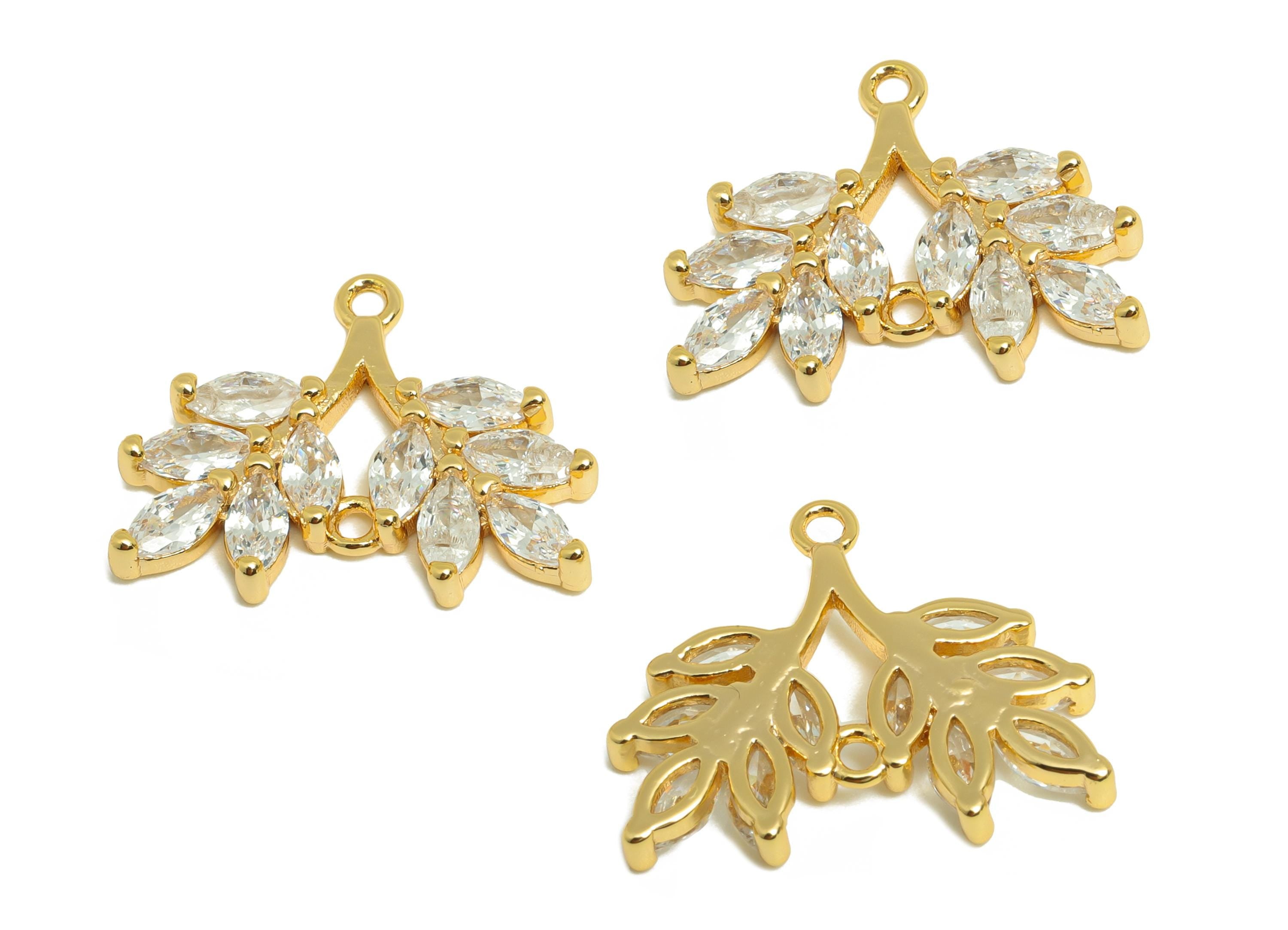 Brass Leaf Earring Charm - Brass Zircon Botanical Pendant - Sparkling White Marquise - Elegant Jewelry - Gold Jewelry - 19x15x2mm - RGP10128 - DOMEDBAZAAR