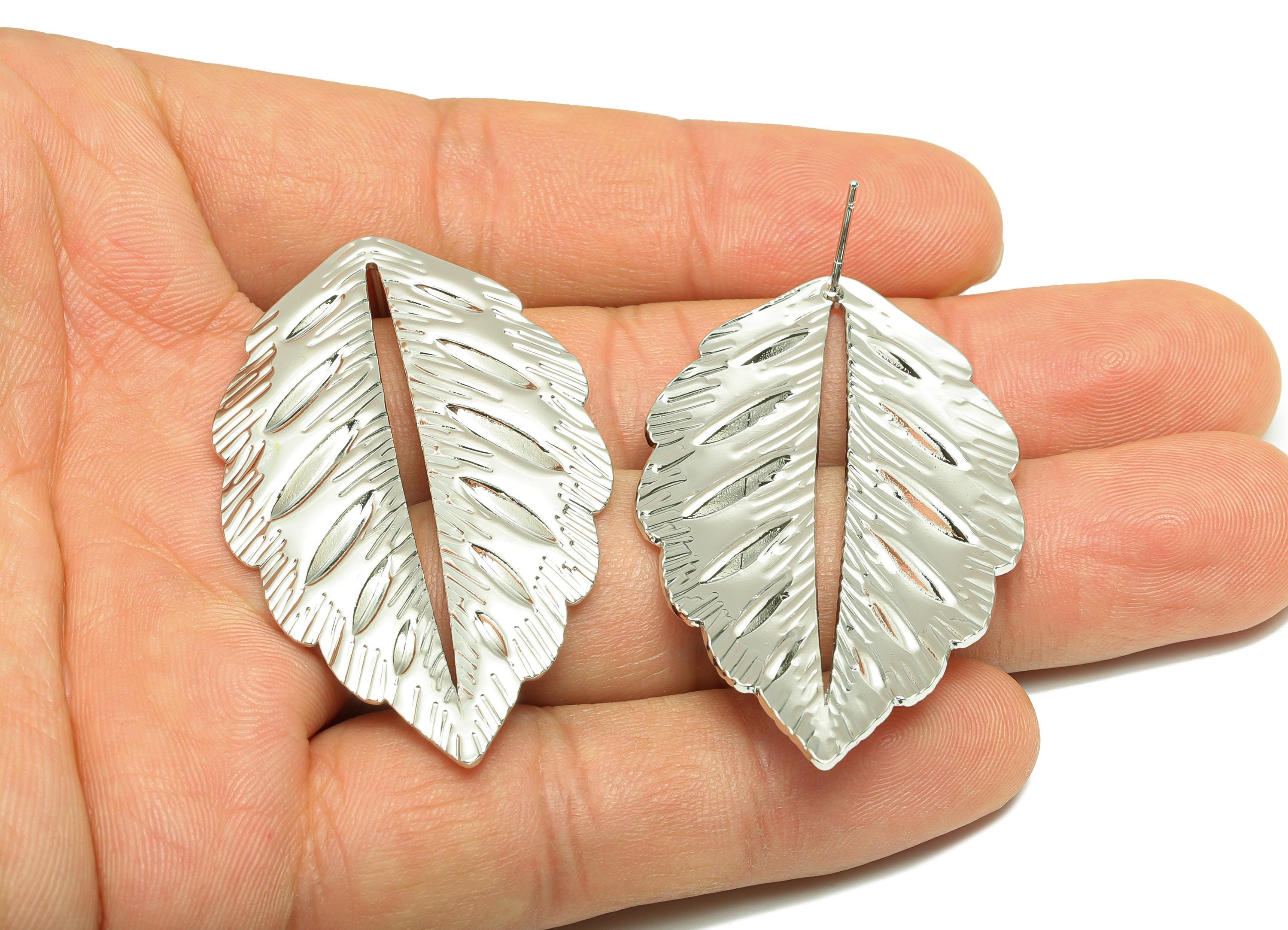 Elegant Leaf Earring Post - Brass Elegant Cutout Leaf Earring Stud - Bold Textured Leaf Earring - White Gold Plated - 50x30x2.3mm - RGP10044 - DOMEDBAZAAR