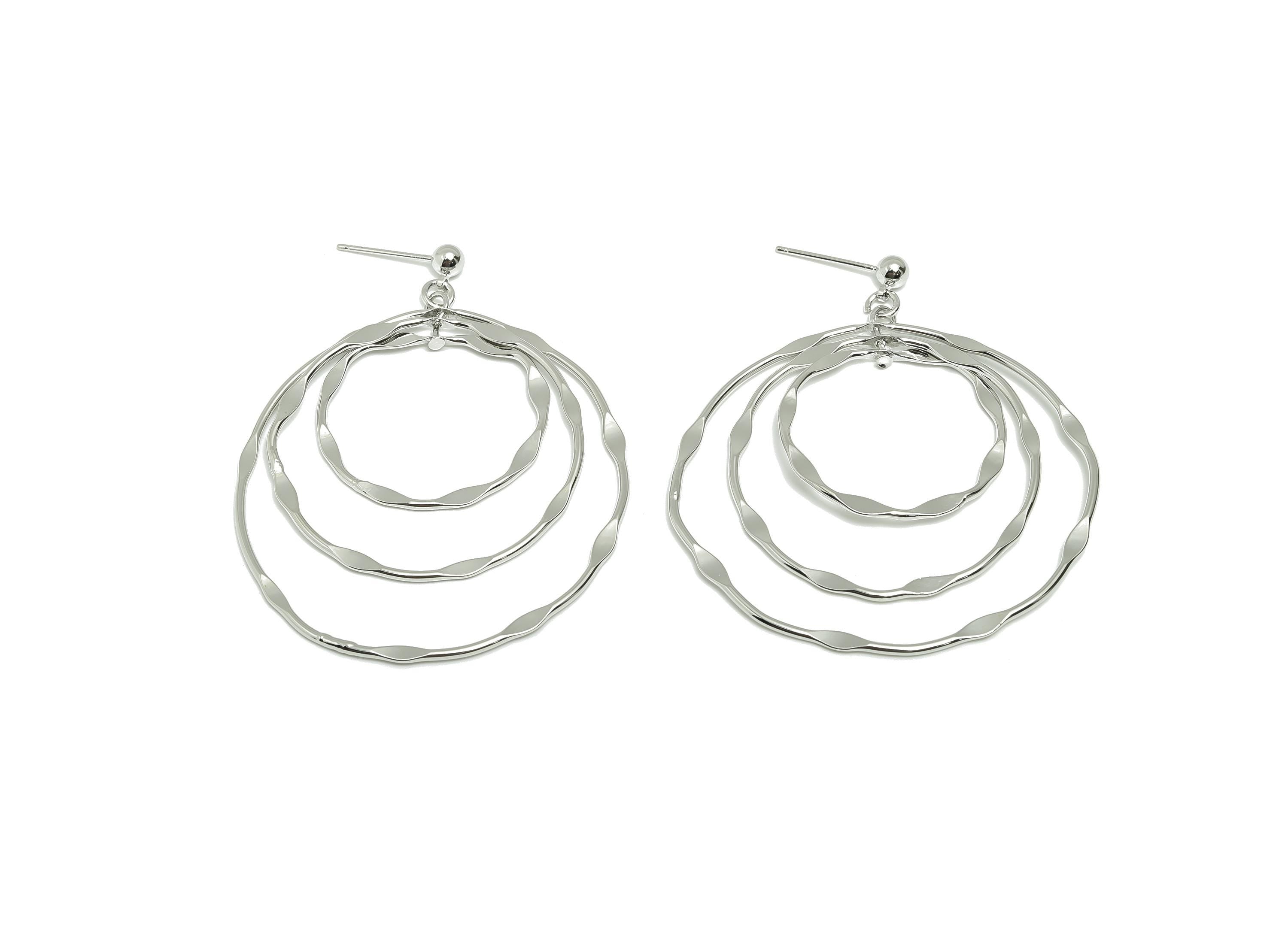 Hammered Earring Stud - Brass Boho Chic Layered Hoop Earring Post - Hammered Dangle Earring Post - White Gold Plated - 58x47x4mm - RGP10118 - DOMEDBAZAAR