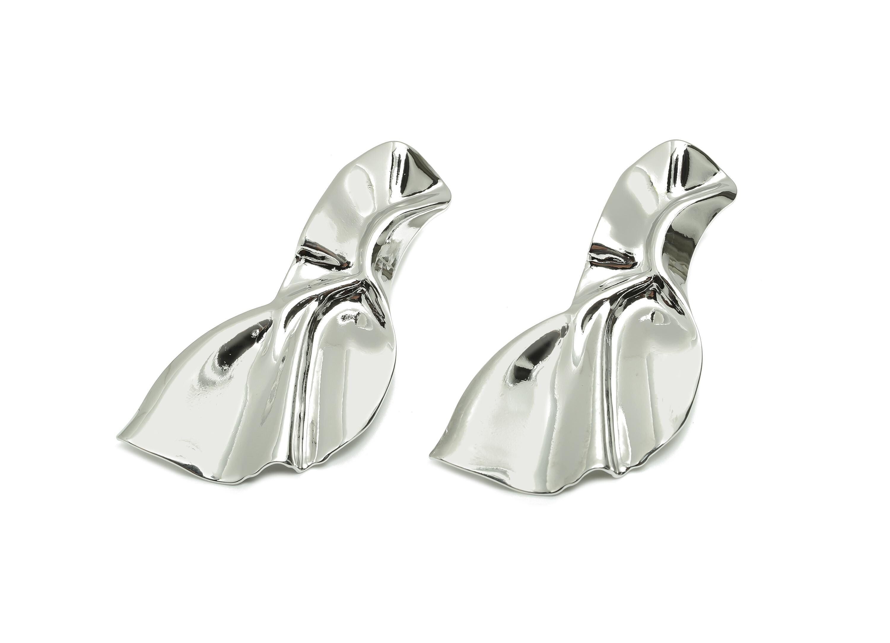 Vintage Irregular Earring - Brass Contemporary Asymmetrical Earring Stud - Sculpted Abstract Earring - White Gold Plated -60x31x3mm-RGP10068 - DOMEDBAZAAR