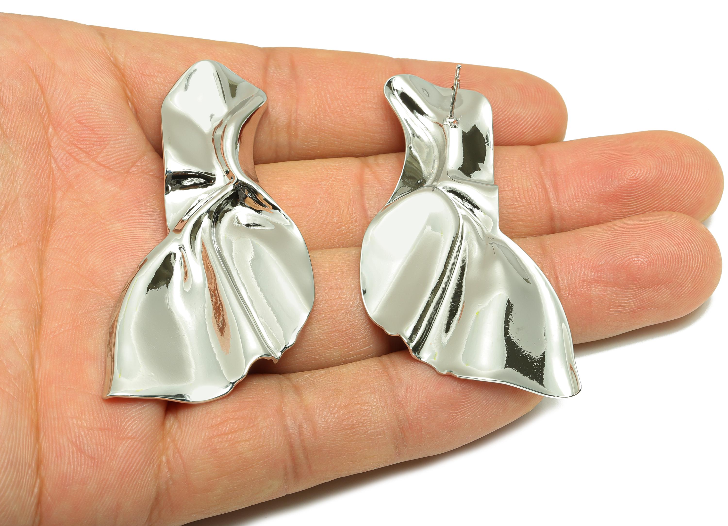 Vintage Irregular Earring - Brass Contemporary Asymmetrical Earring Stud - Sculpted Abstract Earring - White Gold Plated -60x31x3mm-RGP10068 - DOMEDBAZAAR