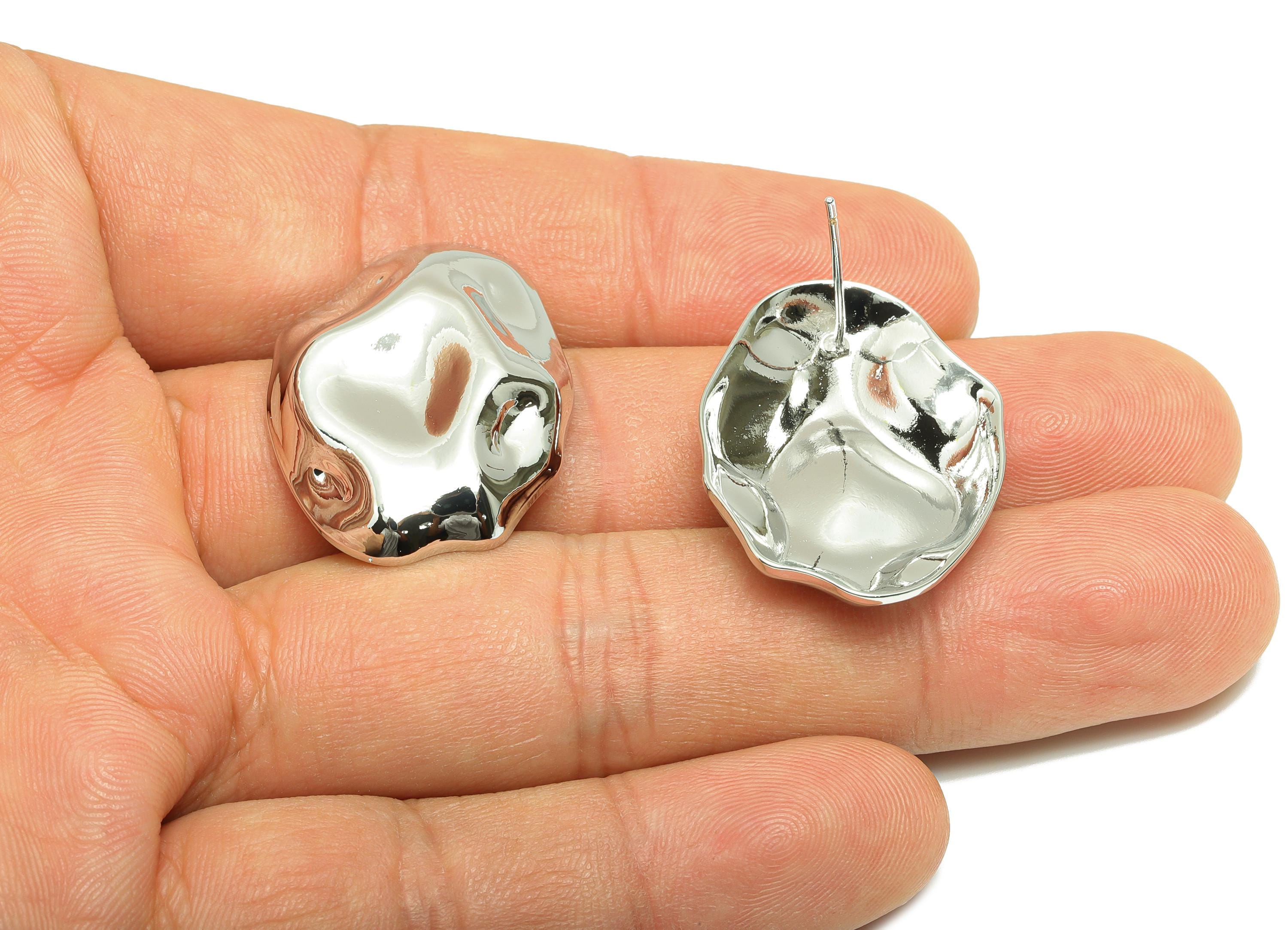 Brass Abstract Earring - Brass Sculpted Organic Earring Post - Textured Unique Abstract Jewelry - White Gold Plated - 30x22x5mm - RGP10072 - DOMEDBAZAAR