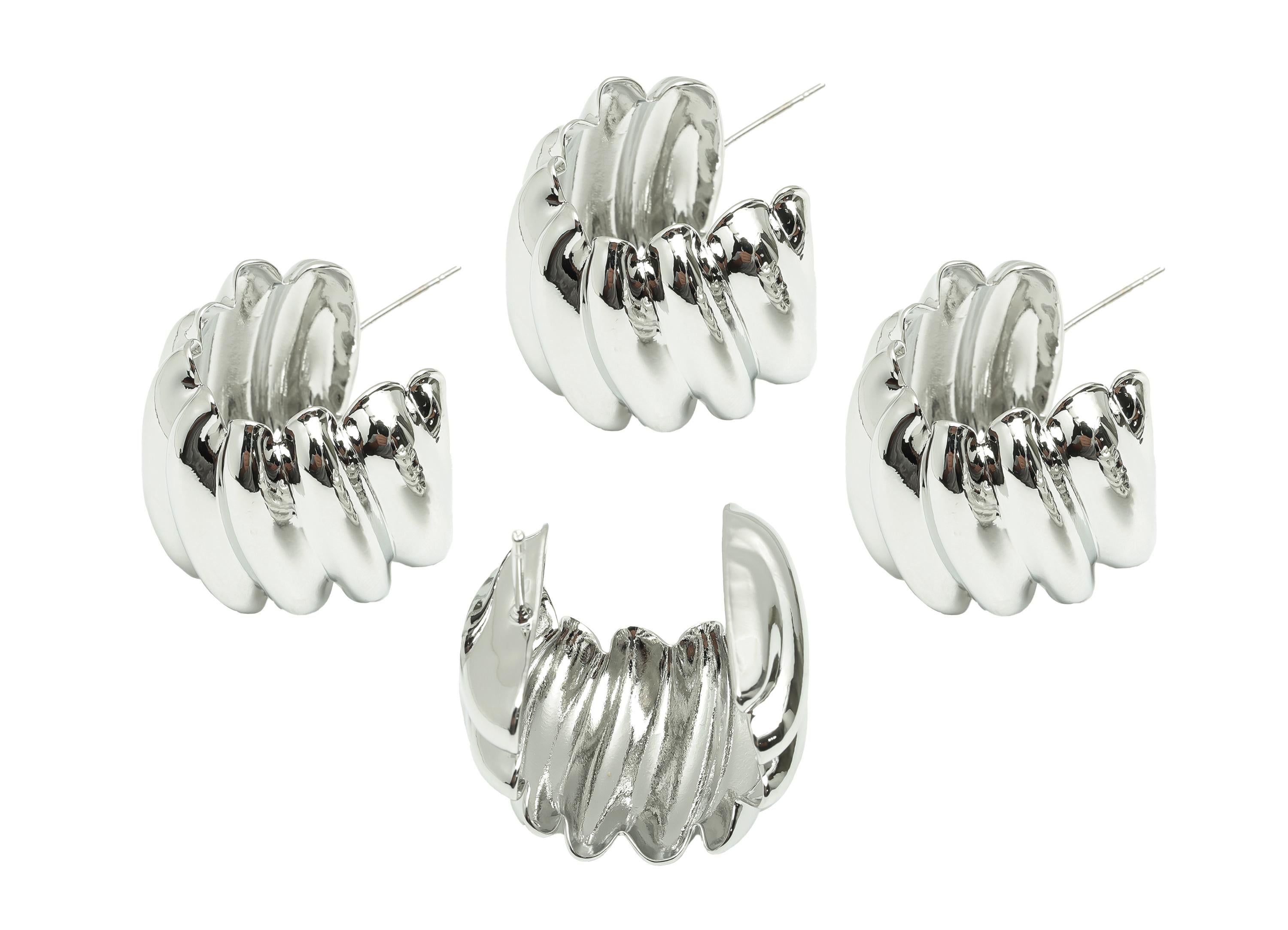 Bold Twisted Hoop Earring - Brass Chunky Hoop Earring with Curved Detailing - Twisted Hoop Earring - White Gold Plated - 26x22x23mm-RGP10064 - DOMEDBAZAAR