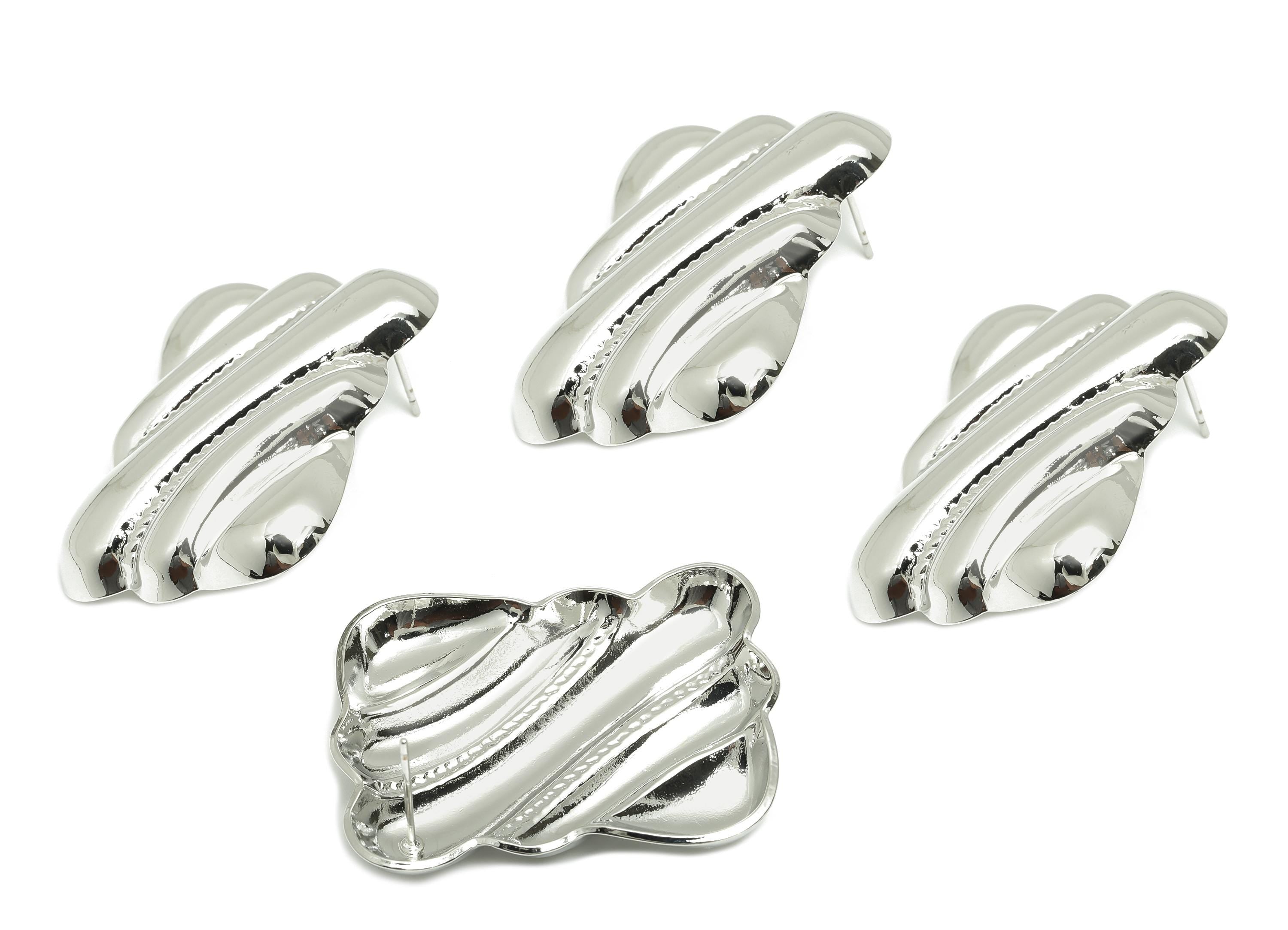 Gold Vintage Earring - Brass Textured Abstract Earring Post - Elegant Vintage Rippled Earring Stud - White Gold Plated - 39mx29x5mm-RGP10038 - DOMEDBAZAAR