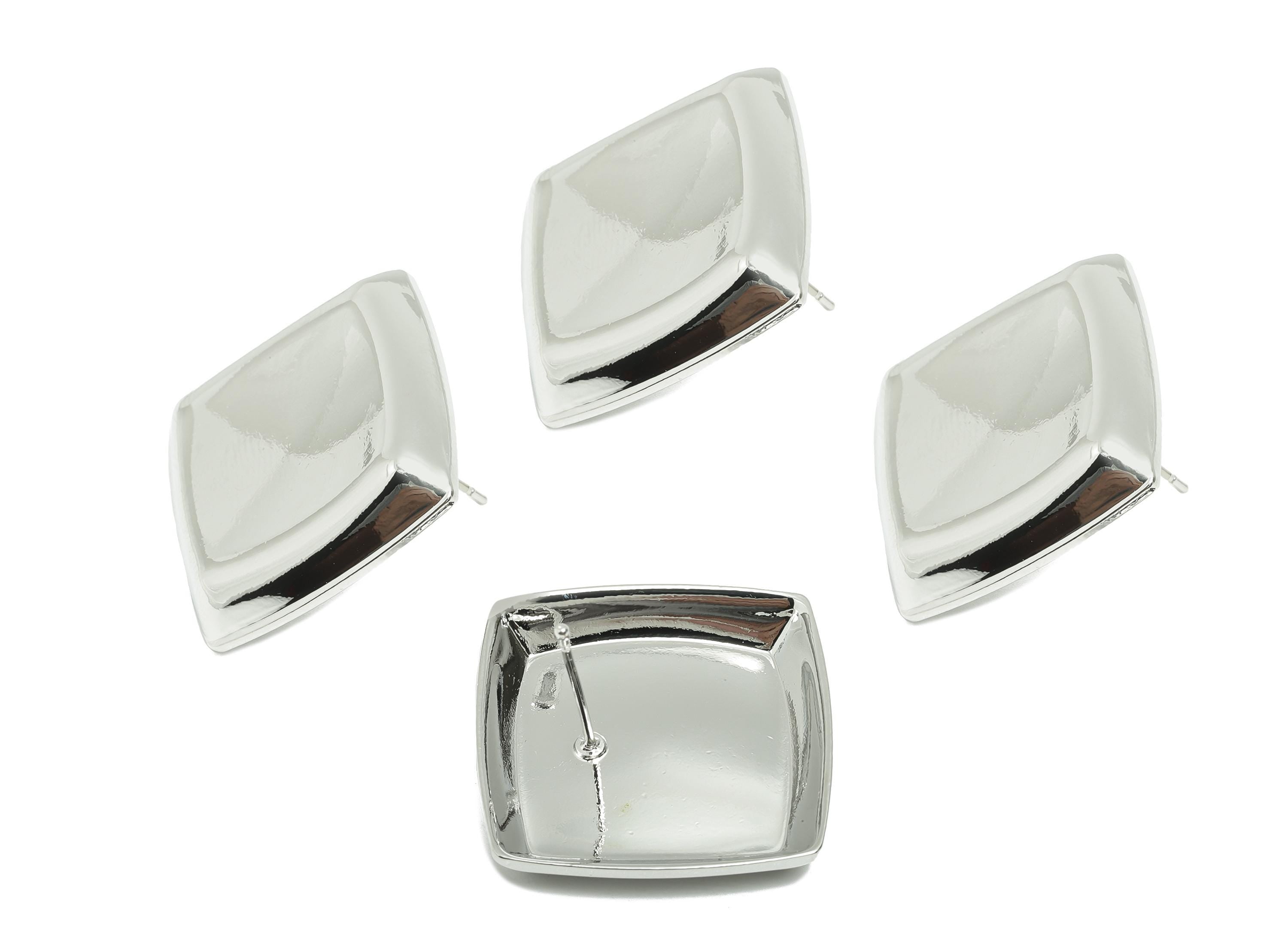 Bold Square Concave Earring Post - Brass Elegant Concave Stud Earring - Trendy Vintage Stud Earring - White Gold Plated - 31x24x3mm-RGP10060 - DOMEDBAZAAR