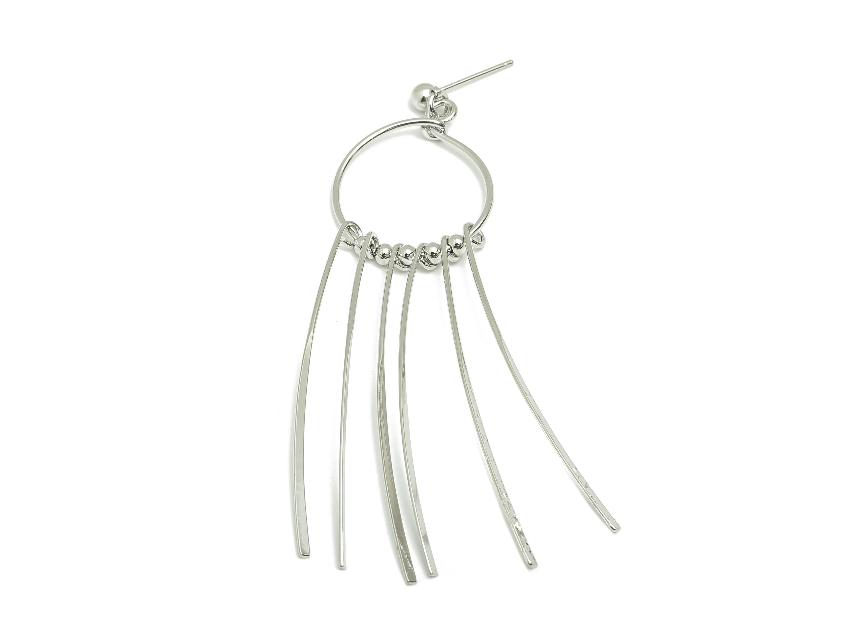 Dangle Tassel Earring Stud - Brass Boho Hammered Tassel Post - Layered Fringe Earring Bold Post - White Gold Plated - 82x22x4mm - RGP10112 - DOMEDBAZAAR