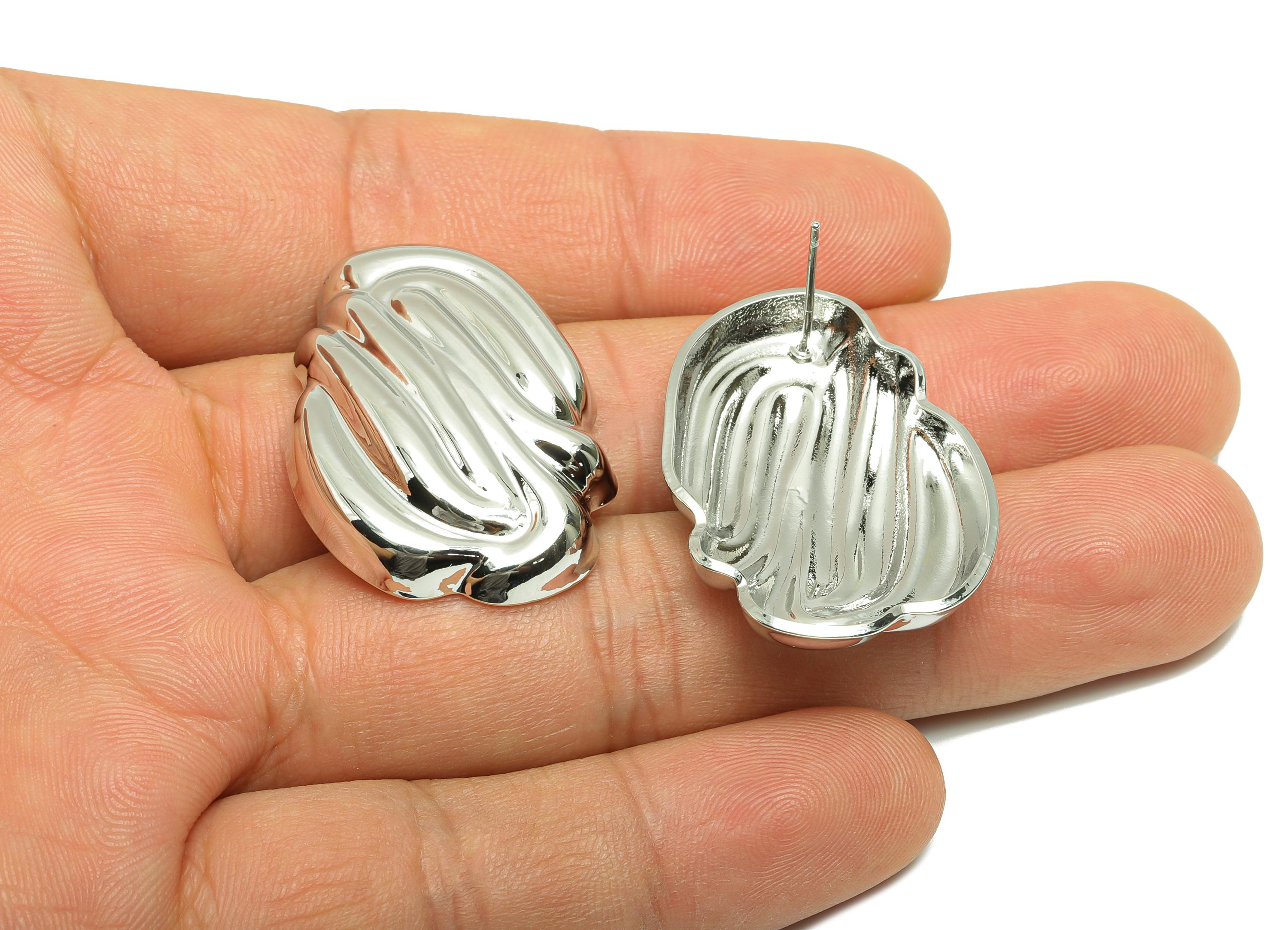 Bold Textured Earring - Brass Abstract Sculpted Earring - Elegant Rippled Unique Earring Post -  White Gold Plated - 33x24x6mm - RGP10042 - DOMEDBAZAAR